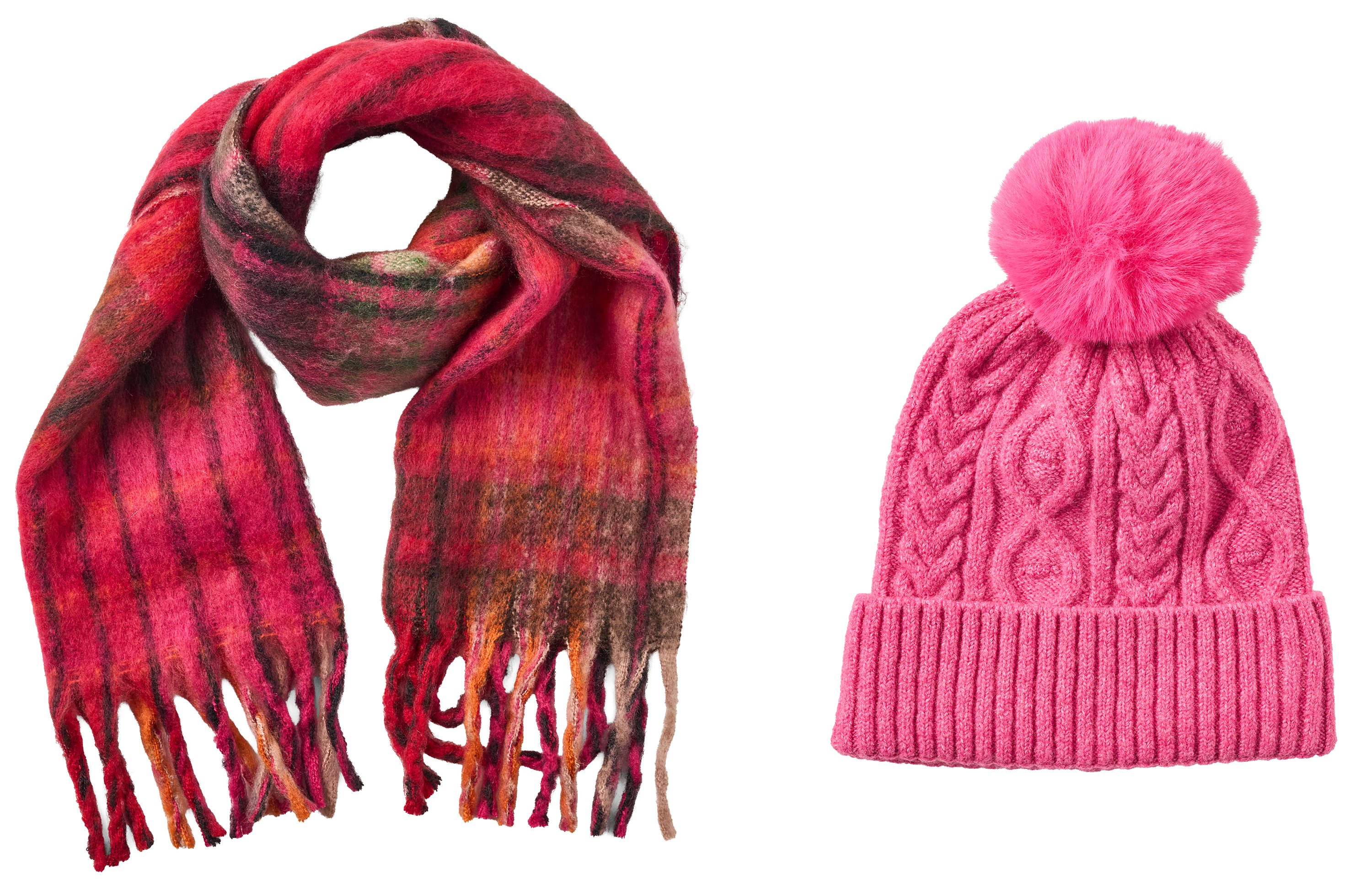 Natural Reflections Pom Beanie Scarf Set - Hot Pink
