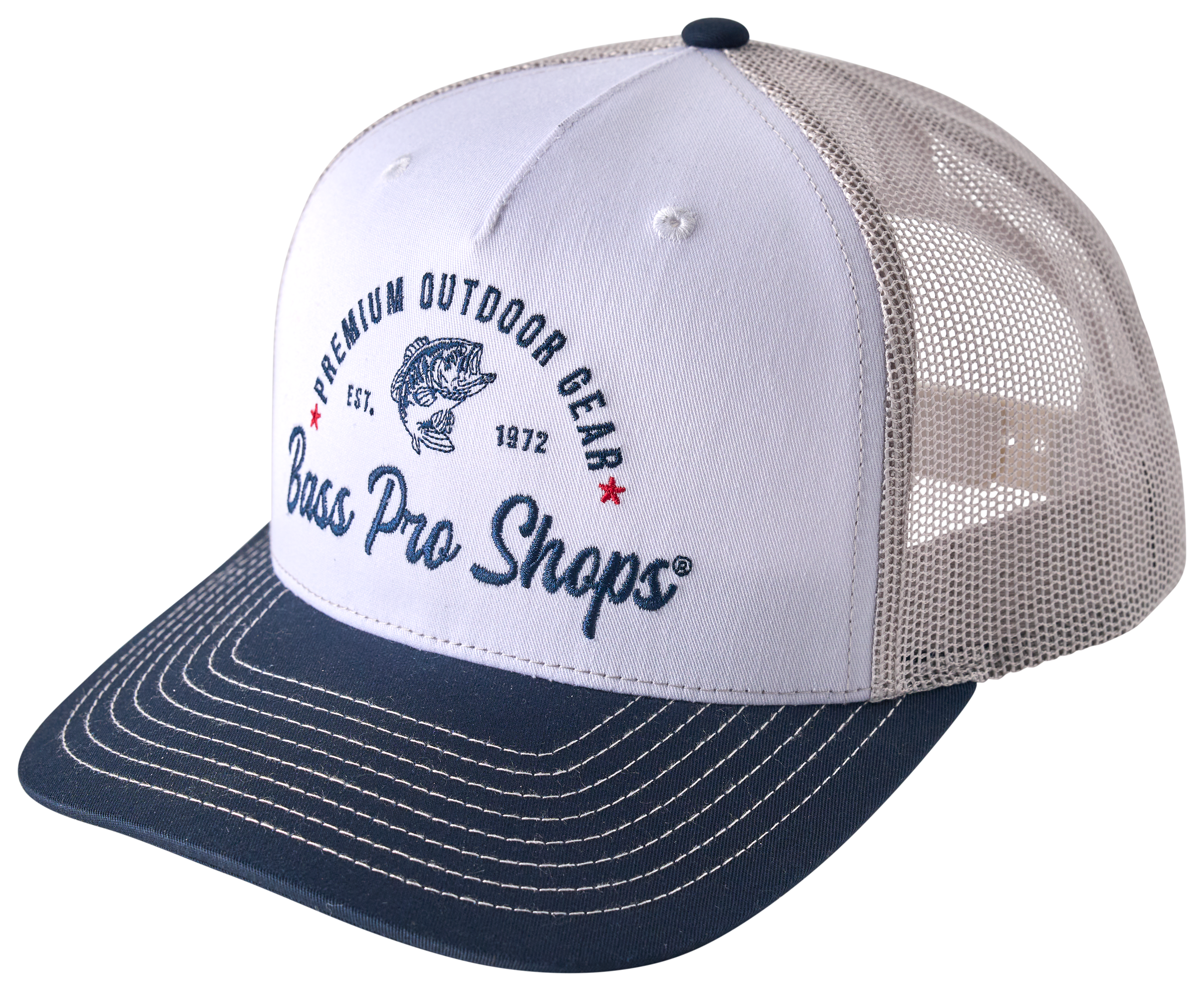 Image of Bass Pro Shops Premium Outdoor Gear Mesh-Back Snapback Cap - Navy/White/Gray