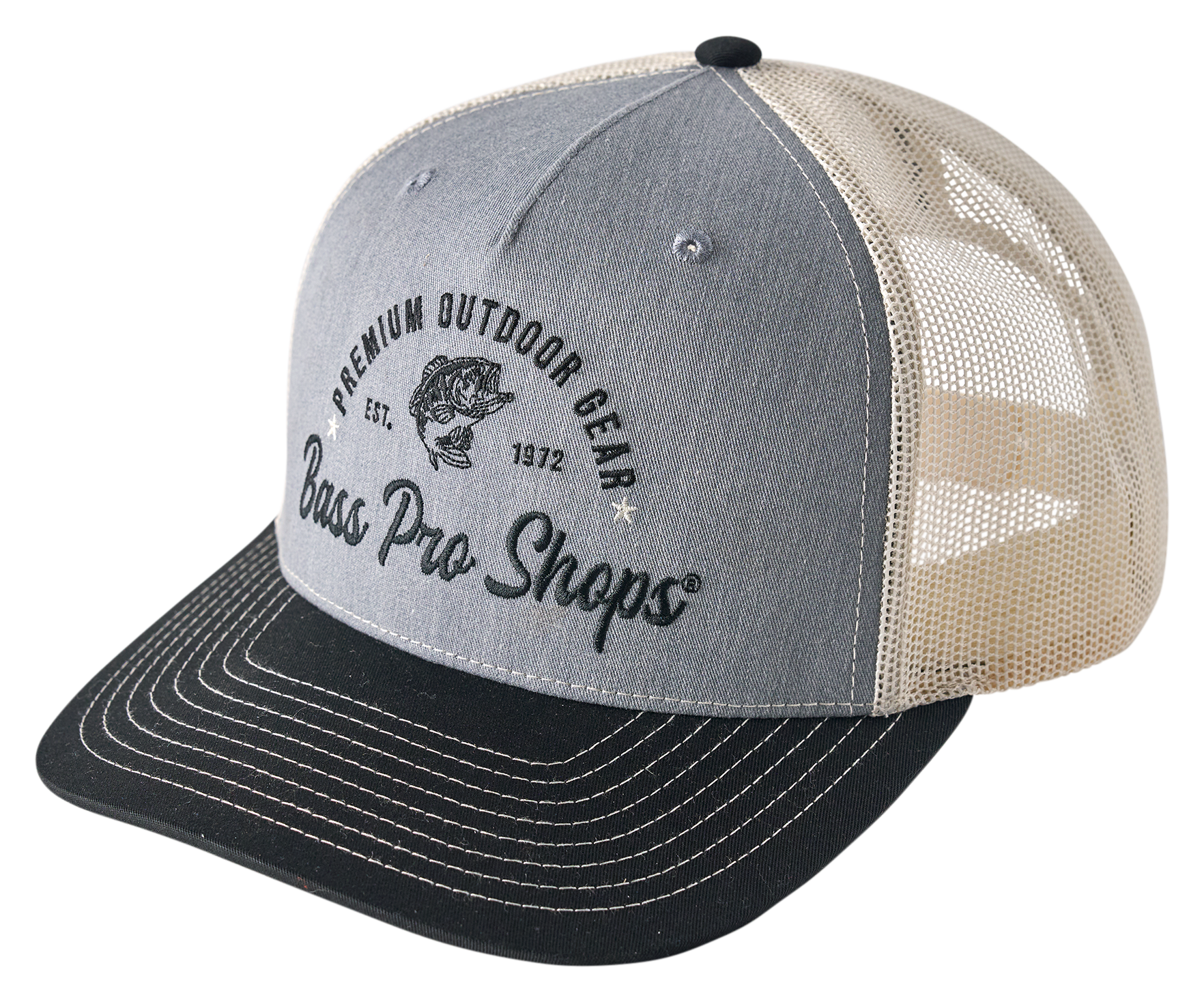 Image of Bass Pro Shops Premium Outdoor Gear Mesh-Back Snapback Cap - Black/Gray/Cream