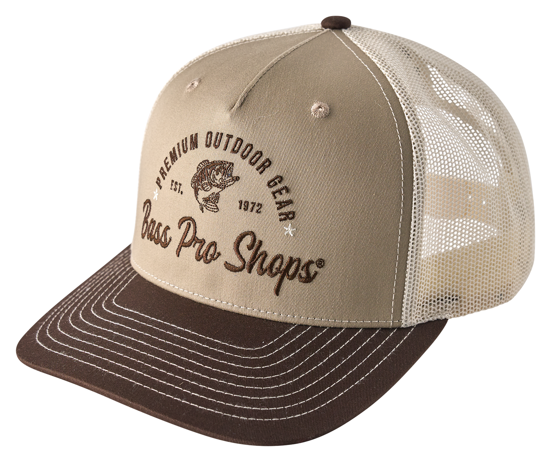 Image of Bass Pro Shops Premium Outdoor Gear Mesh-Back Snapback Cap - Brown/Khaki/Cream