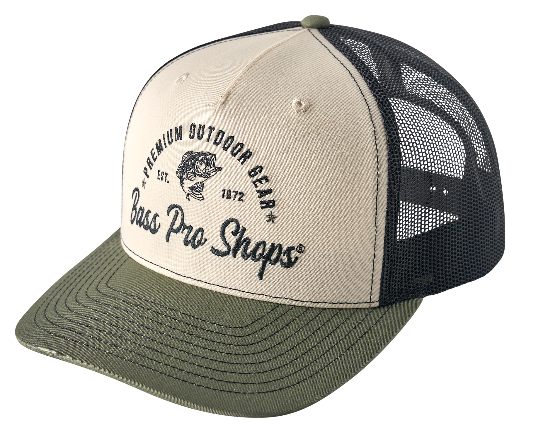 Image of Bass Pro Shops Premium Outdoor Gear Mesh-Back Snapback Cap - Olive/Cream/Black