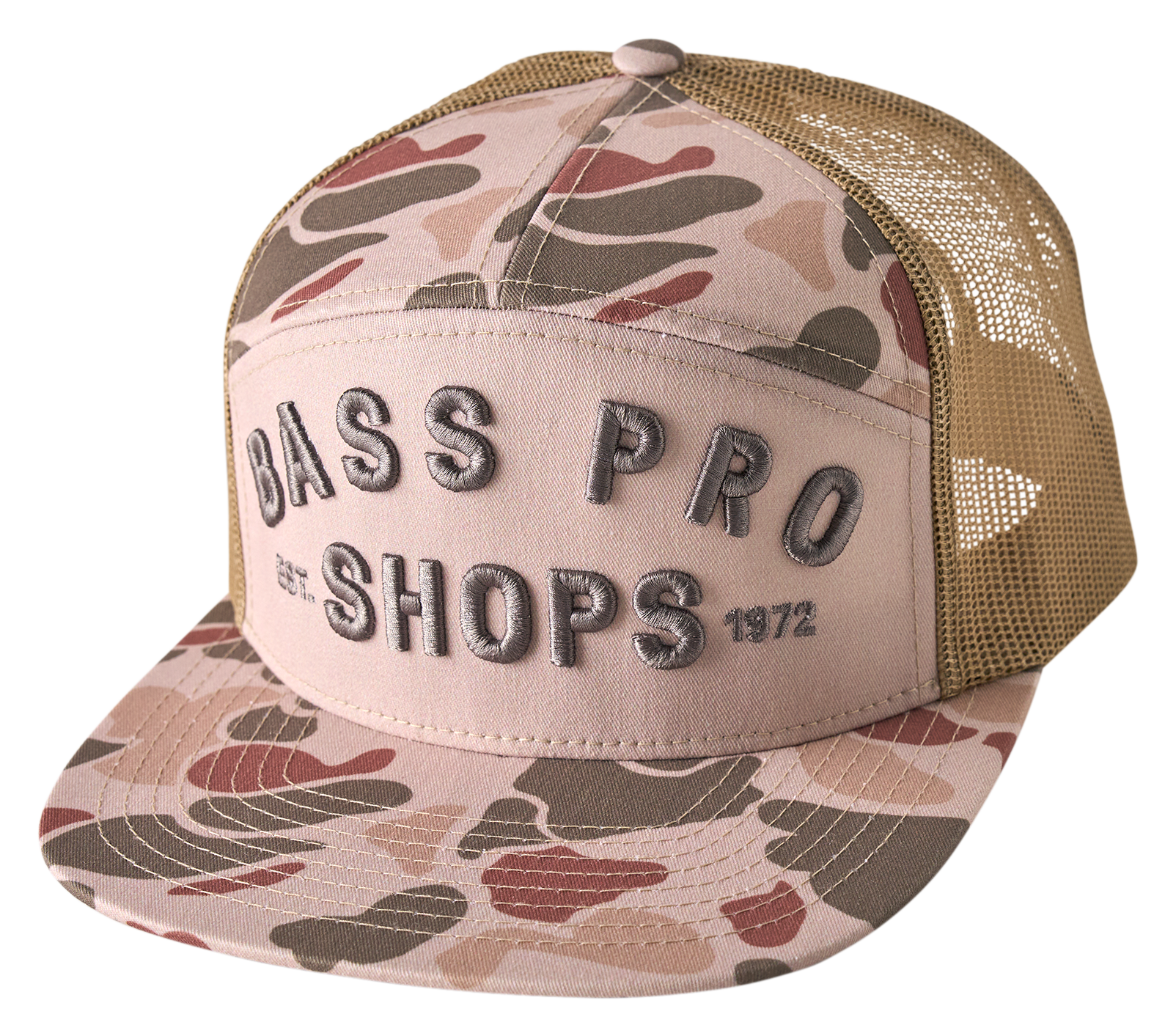 Image of Bass Pro Shops 7-Panel Camo Mesh-Back Snapback Trucker Cap - Khaki Camo