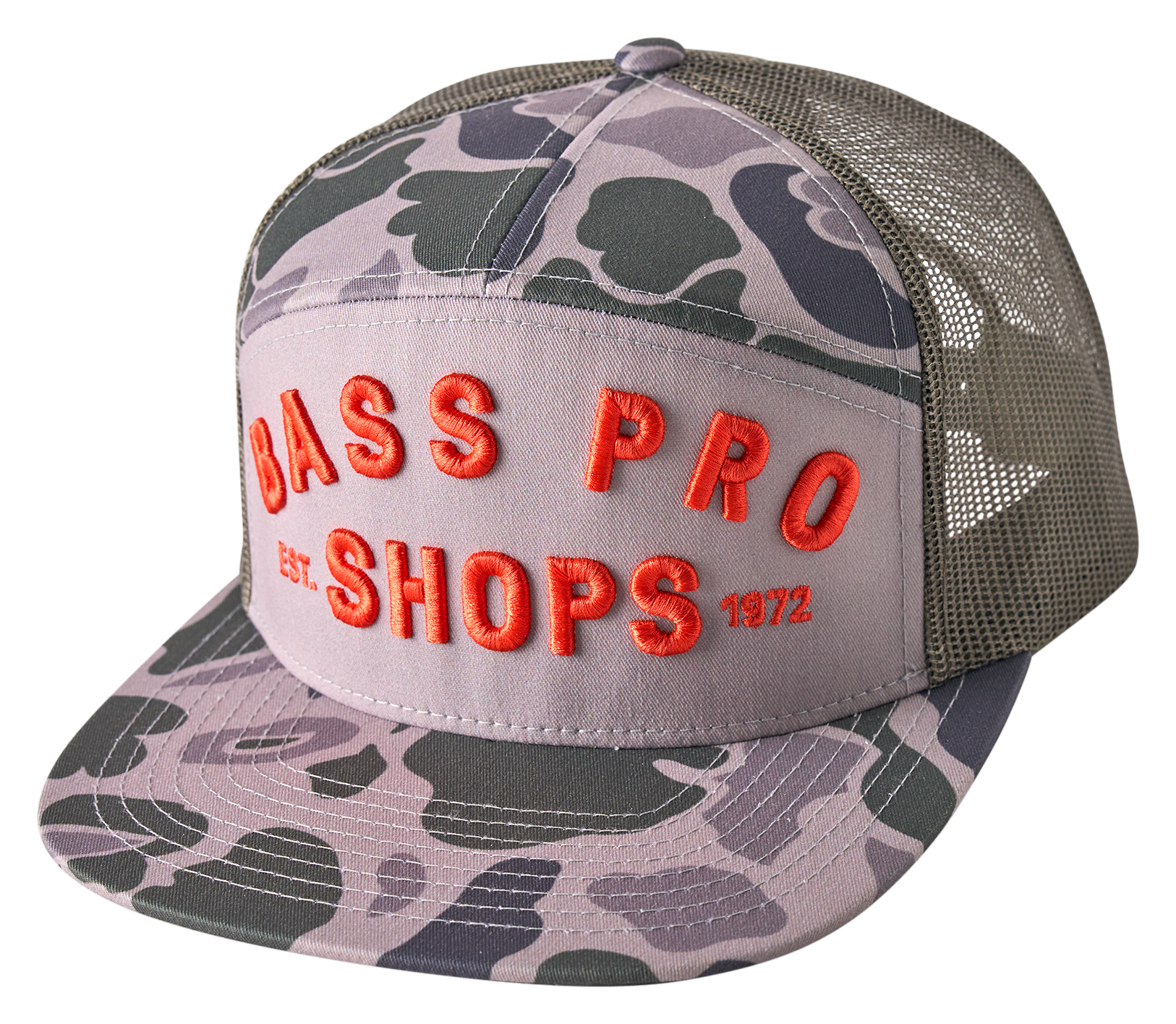 Image of Bass Pro Shops 7-Panel Camo Mesh-Back Snapback Trucker Cap - Olive Camo