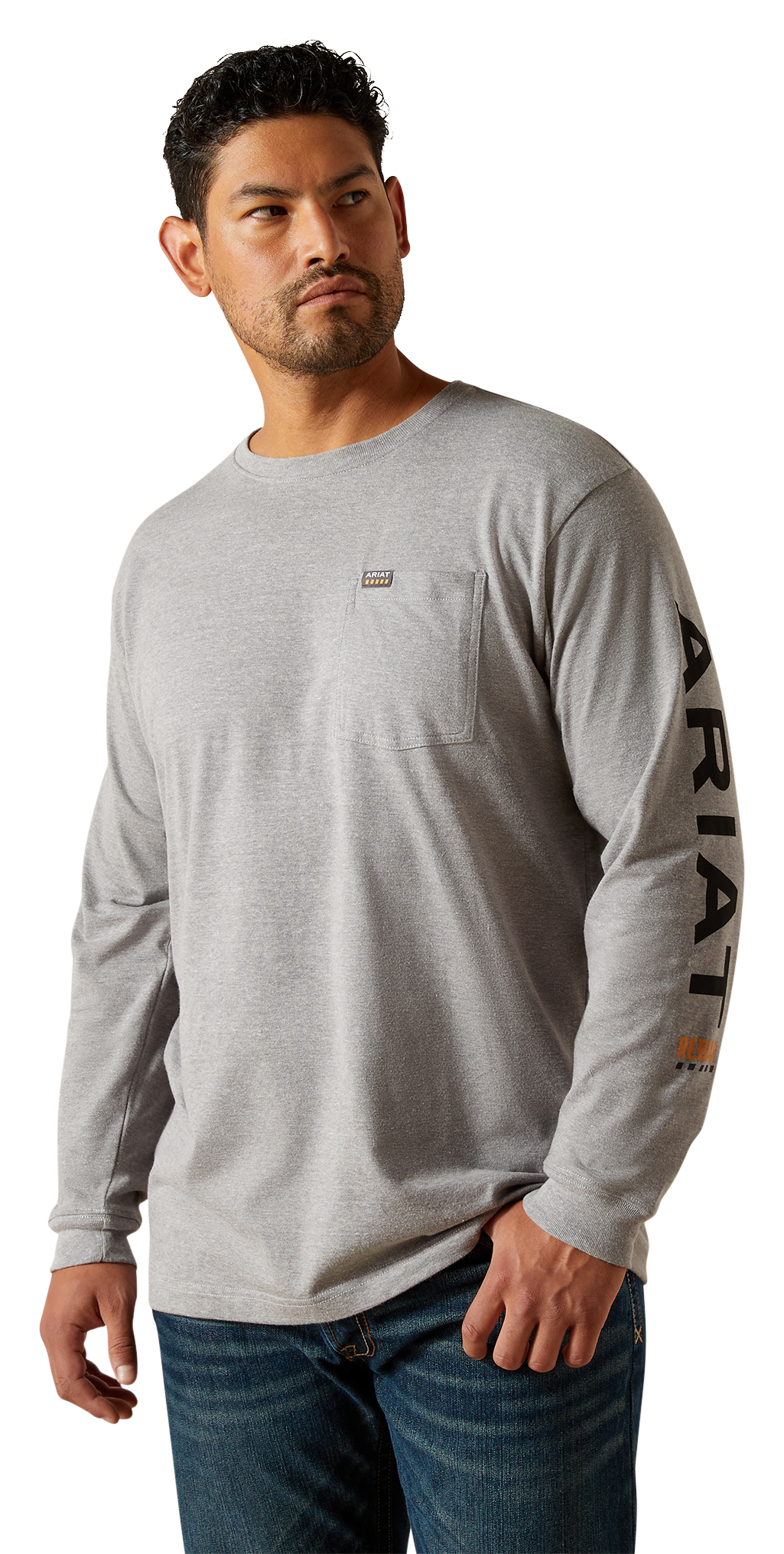 Image of Ariat Rebar Cotton Strong Standard Logo Pocket Long-Sleeve Shirt - Heather Grey/Black