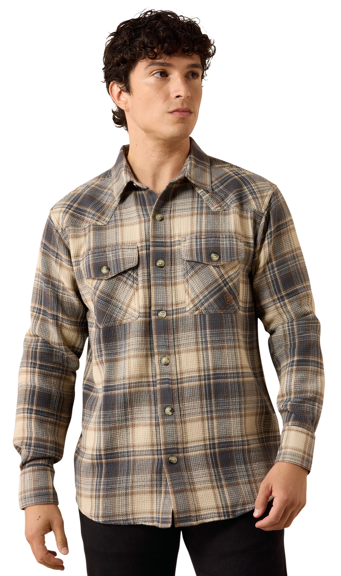 Image of Ariat Waffle Button-Down Long-Sleeve Shirt - Oyster Grey Plaid