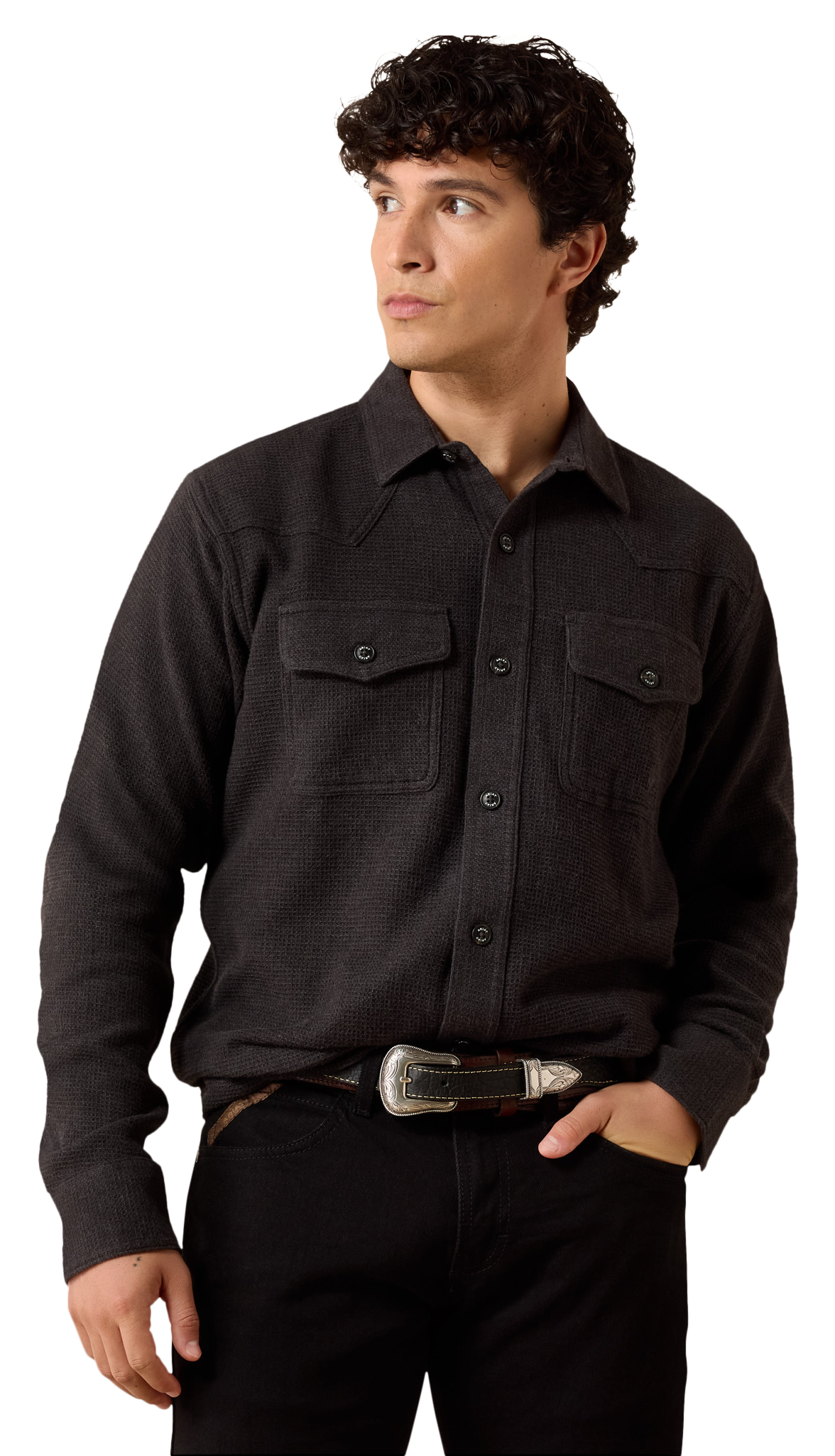 Image of Ariat Waffle Button-Down Long-Sleeve Shirt - Charcoal Heather