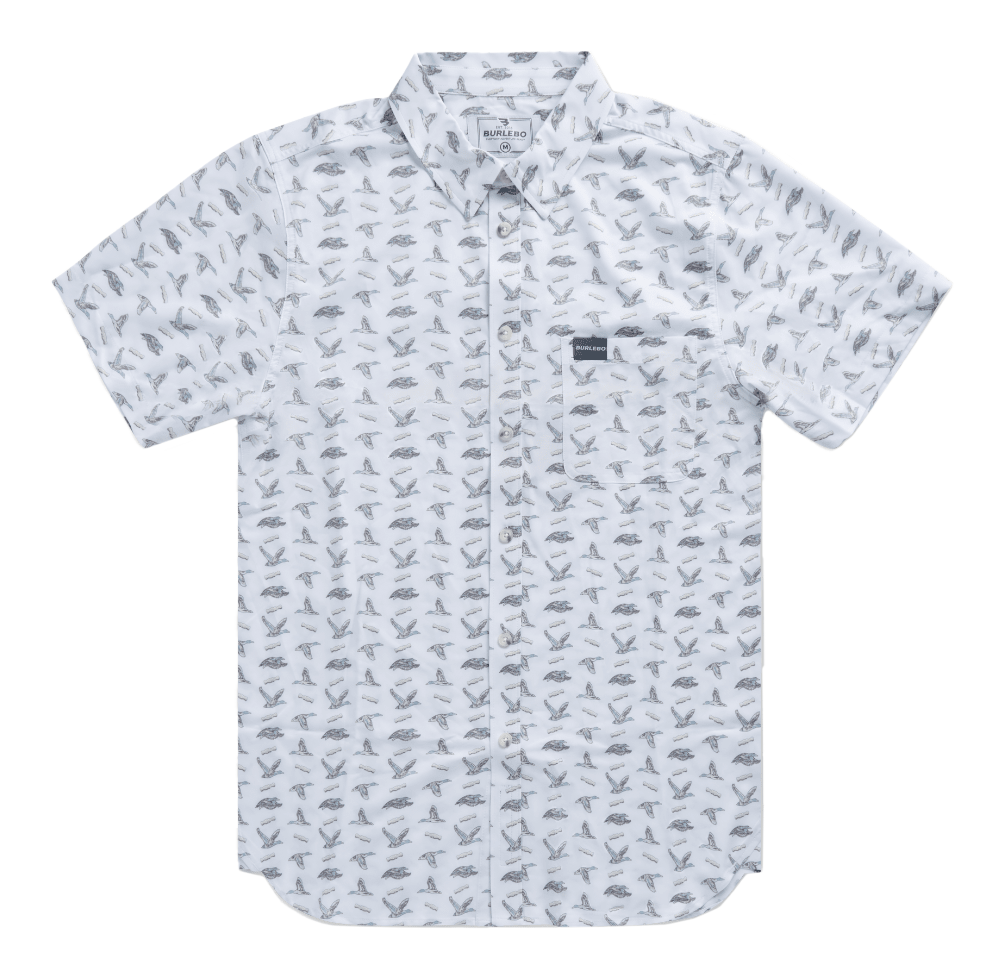 Image of BURLEBO Performance Button-Up Short-Sleeve Shirt - Ducks and Calls/White