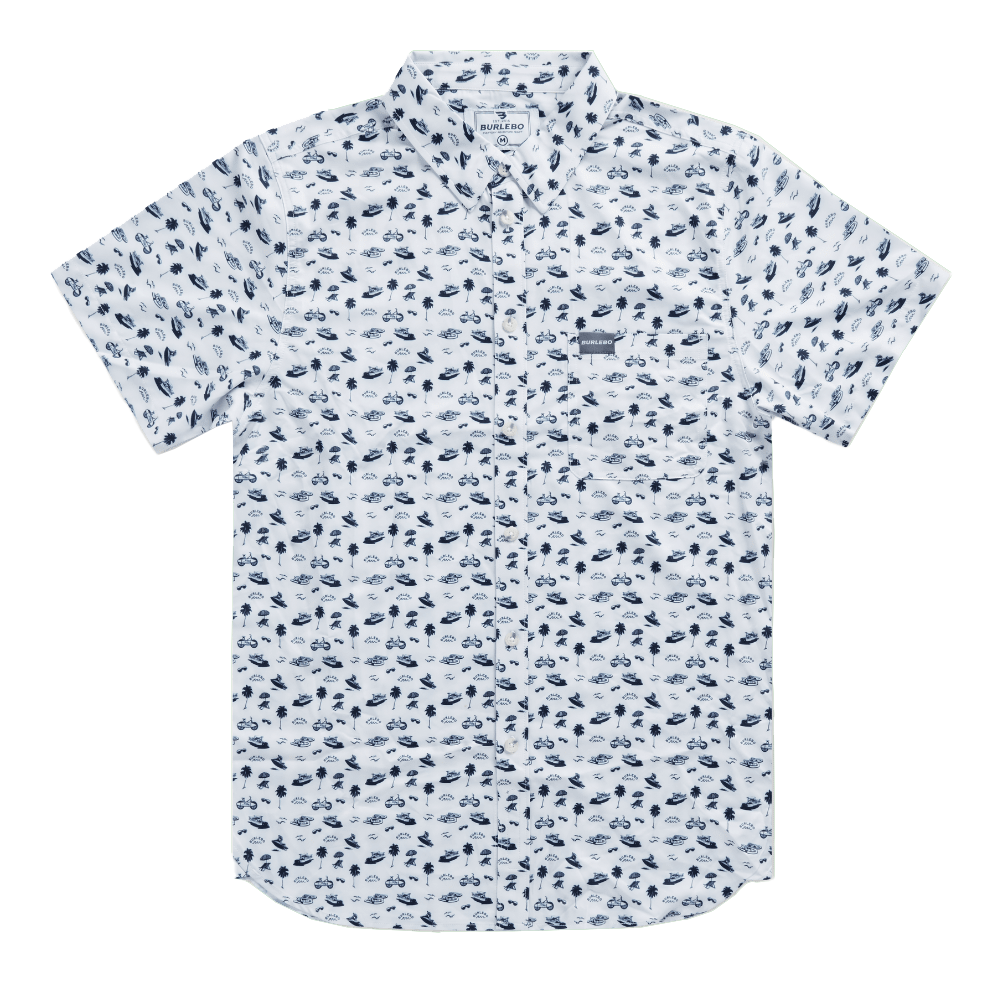 Image of BURLEBO Performance Button-Up Short-Sleeve Shirt - On The Water/Cream/Navy