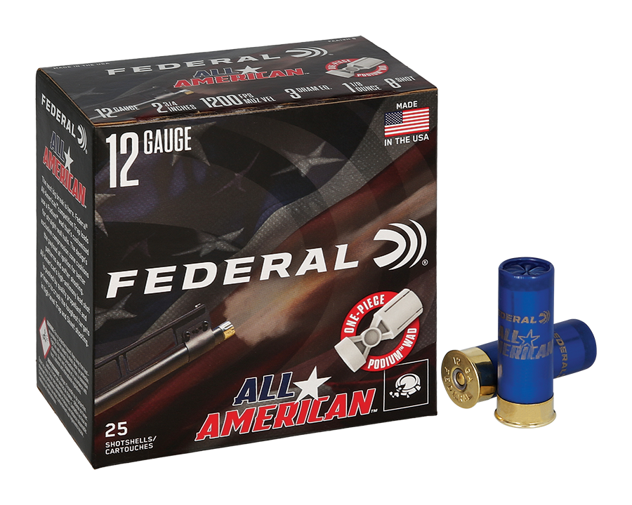 Federal All-American 12-Ga. 2-3/4″ 1-1/8 Oz. 1,200 FPS Competition Trap Shotshells - #8 - 250 Rounds - Federal Premium