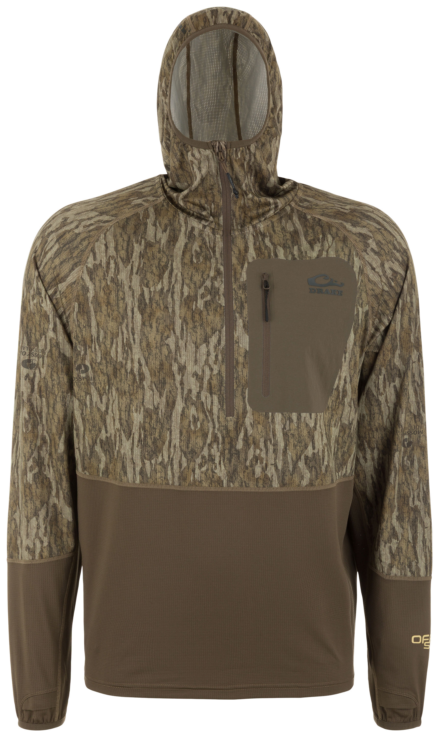 Image of Drake Waterfowl BMF EST Offset 1.0 Quarter-Zip Hoodie - Mossy Oak Bottomland