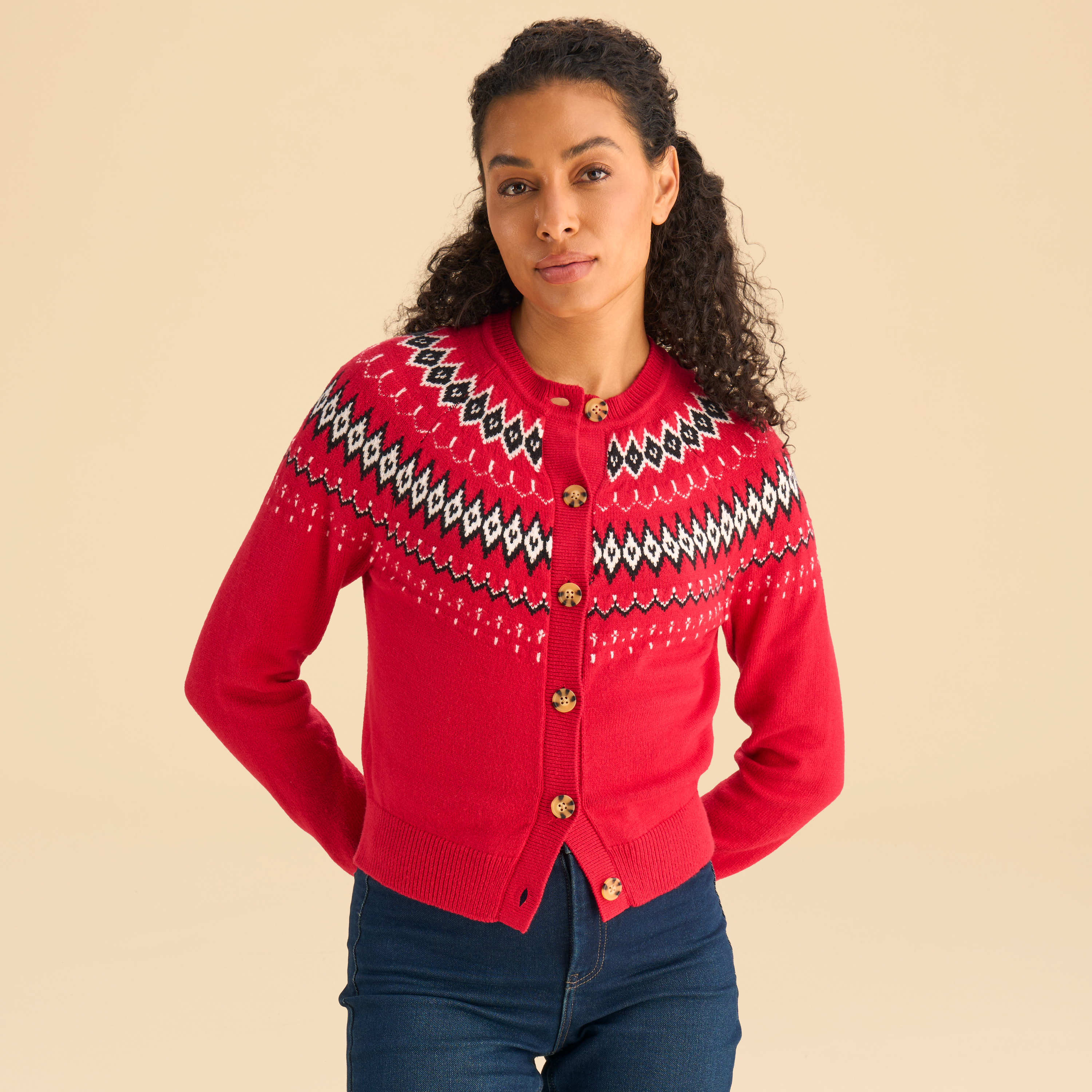 Natural Reflections Natural Reflections Fair Isle Button-Up Cardigan - Haute Red - $59.99 at Bass Pro Shops