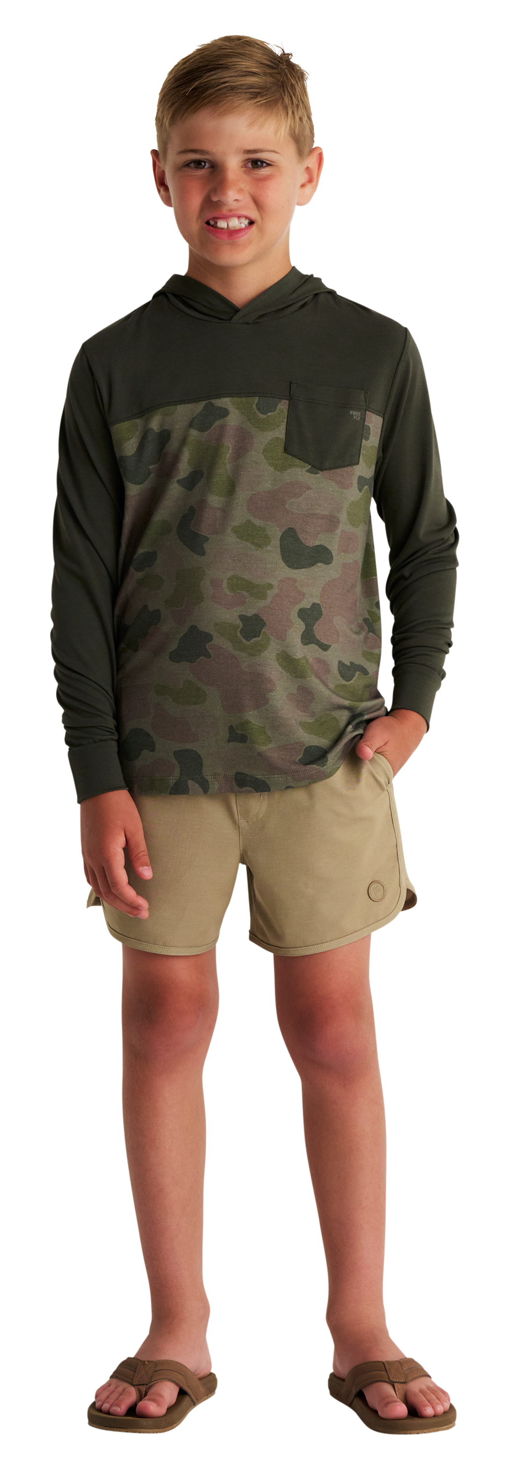 Image of Free Fly Colorblock Bamboo Shade Hoodie for Kids - Dark Forest/Camo