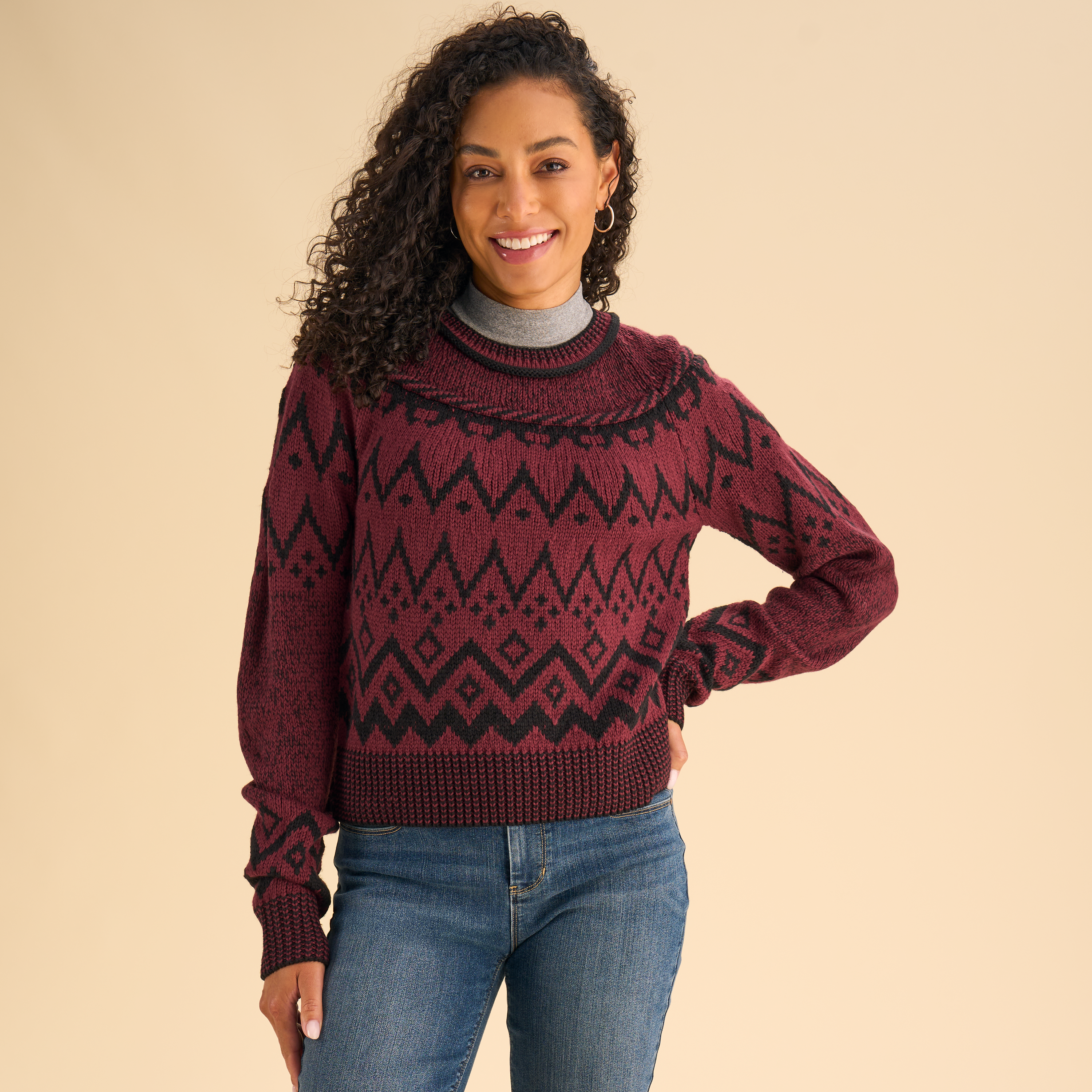 Natural Reflections Natural Reflections Fair Isle Crew-Neck Sweater - Burgundy - $49.99 at Bass Pro Shops