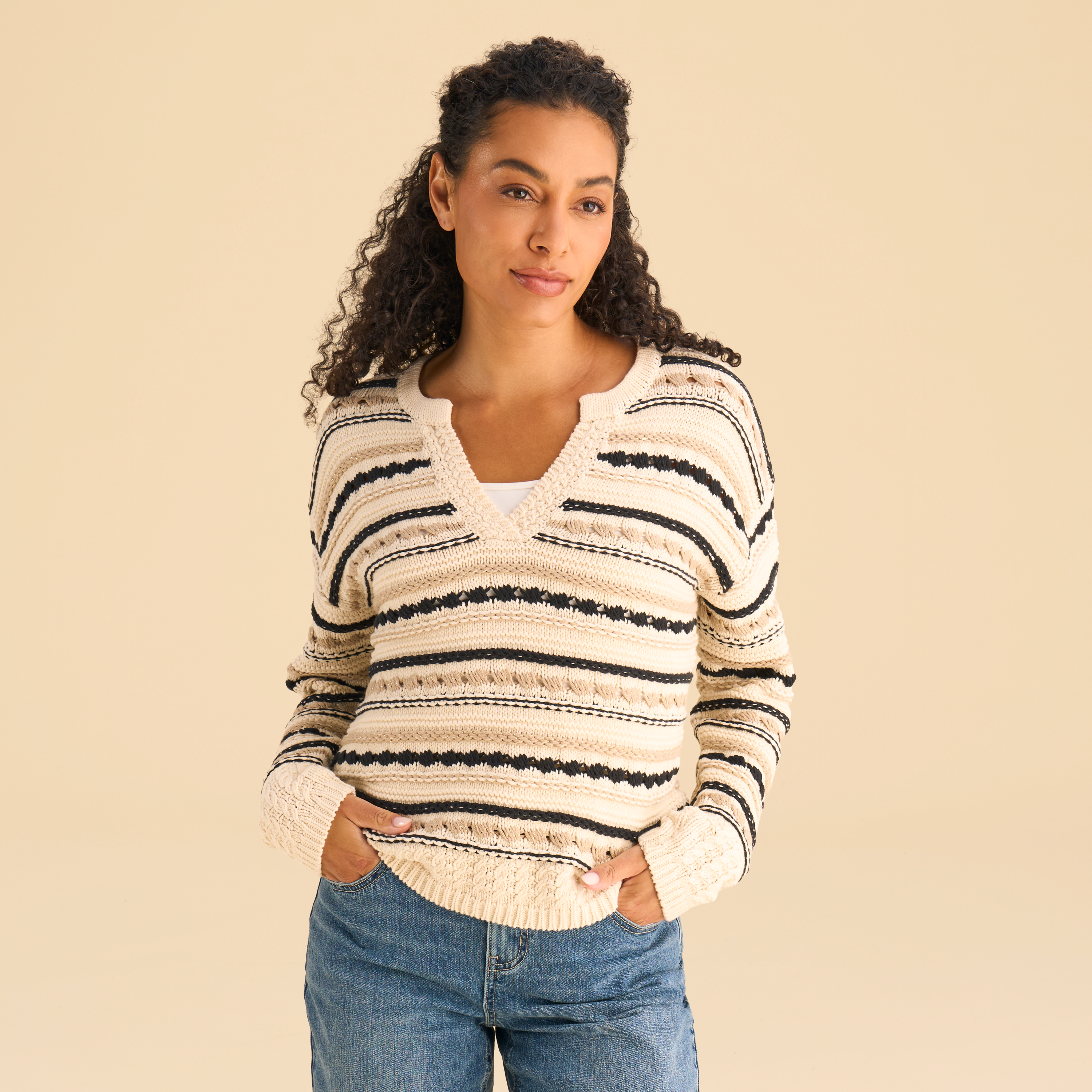 Natural Reflections Natural Reflections Multi-Stitch V-Neck Sweater - Cream/Black - $59.99 at Bass Pro Shops