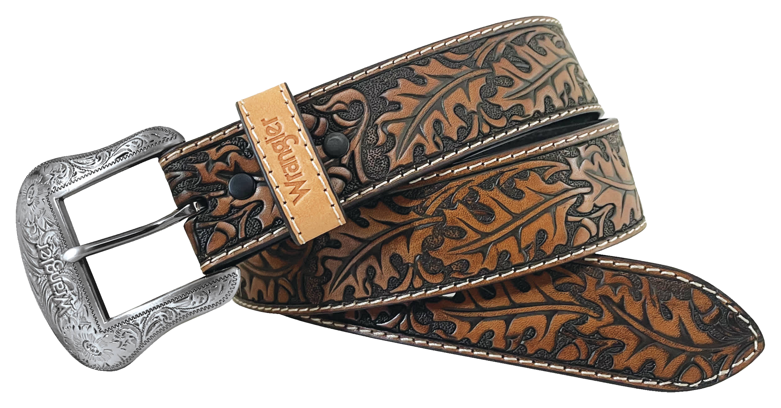 Image of Wrangler Acorn and Leaf Embossed Leather Western Belt - Brown