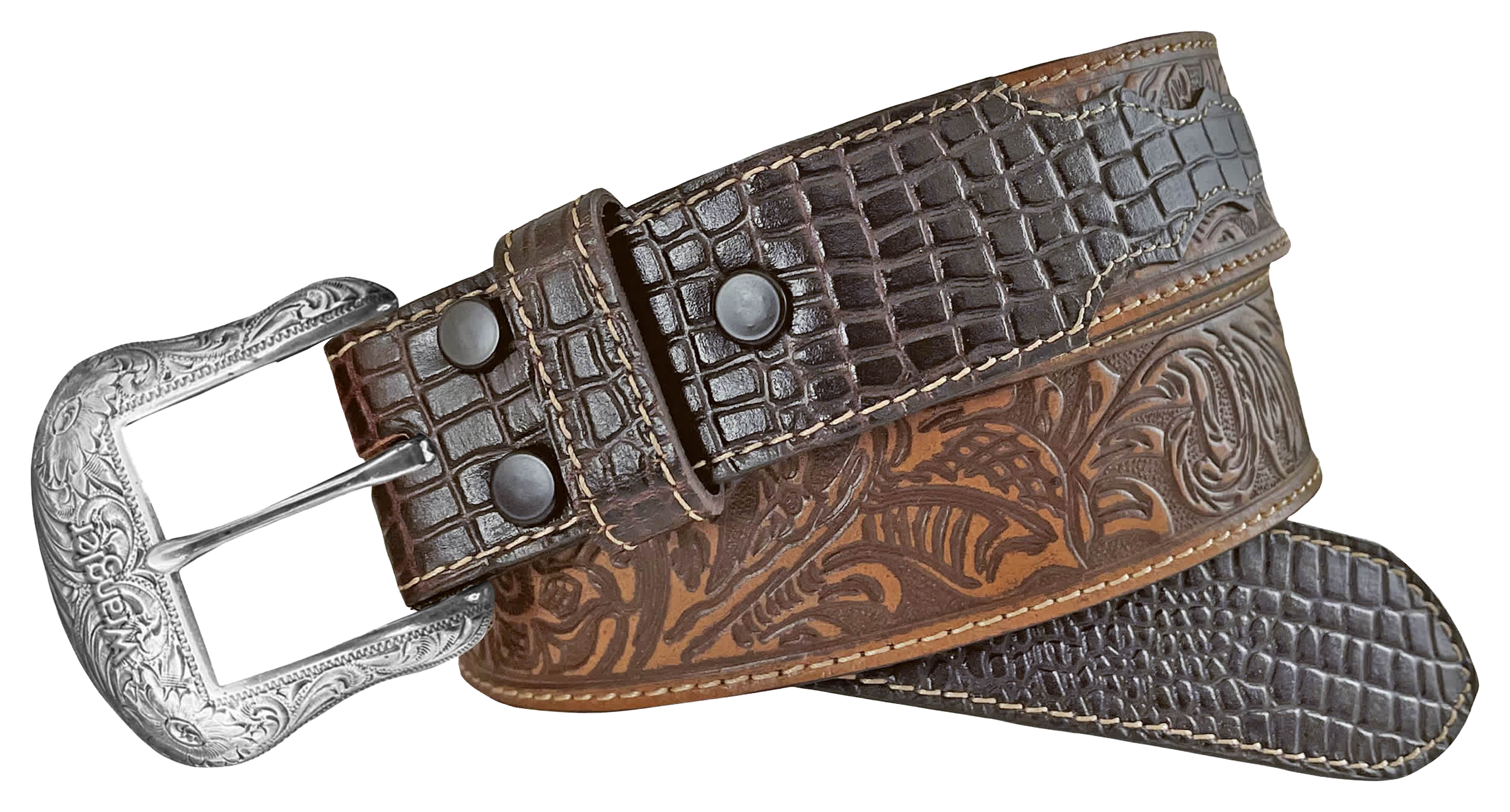 Image of Wrangler Floral Embossed with Crocodile Print Tab Western Belt - Brown