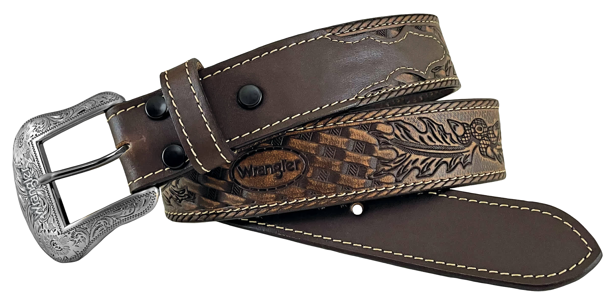 Image of Wrangler Acorn, Leaf, and Basket Weave Embossed Western Belt - Tan