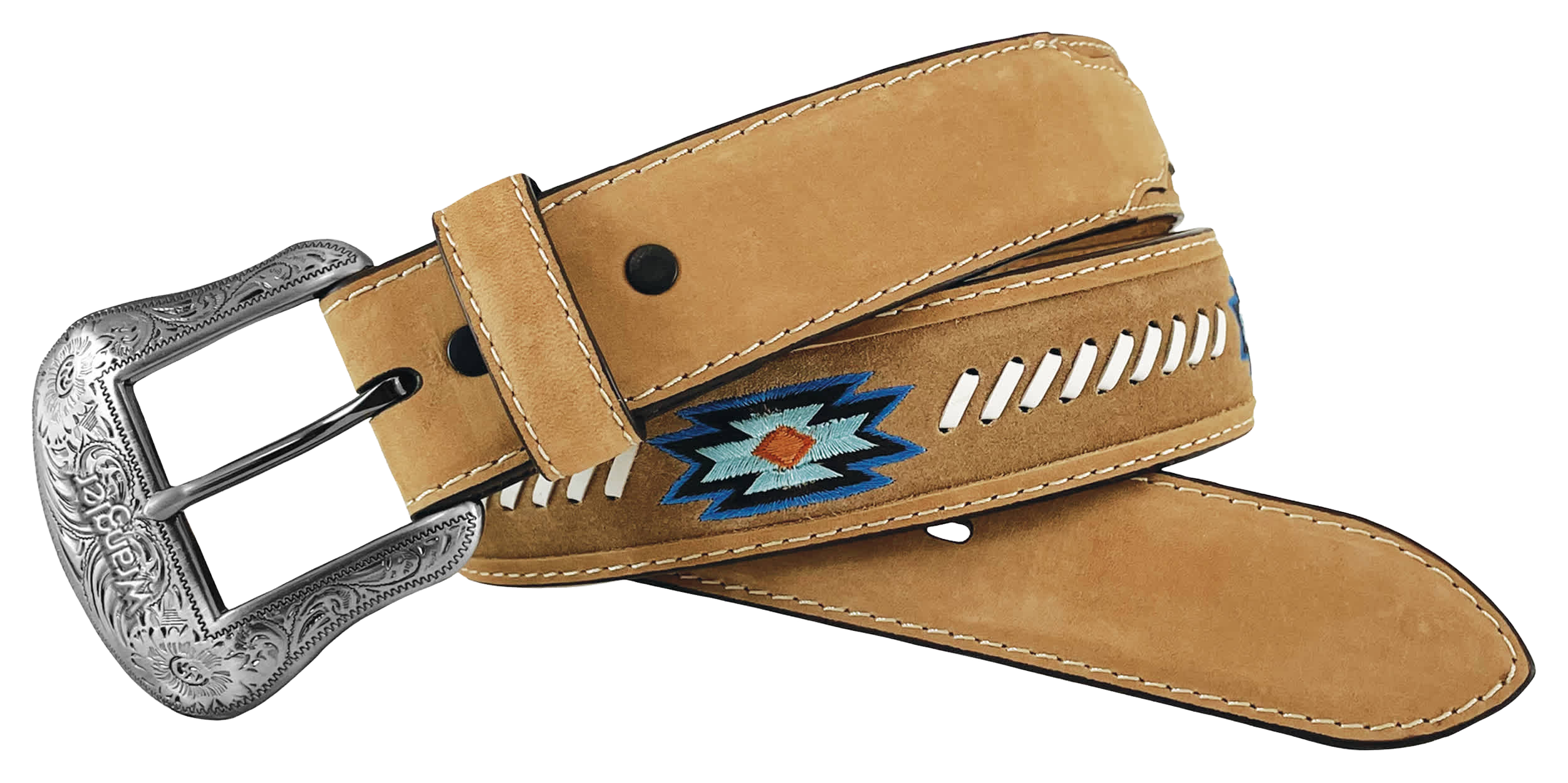 Image of Wrangler Rough Out Leather with Aztec Embroidery Western Belt - Tan