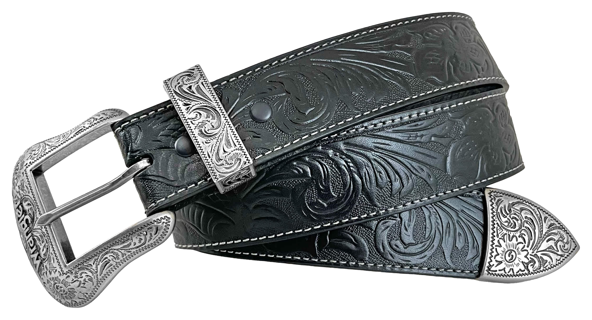 Image of Wrangler Floral Embossed Leather Western Belt - Black