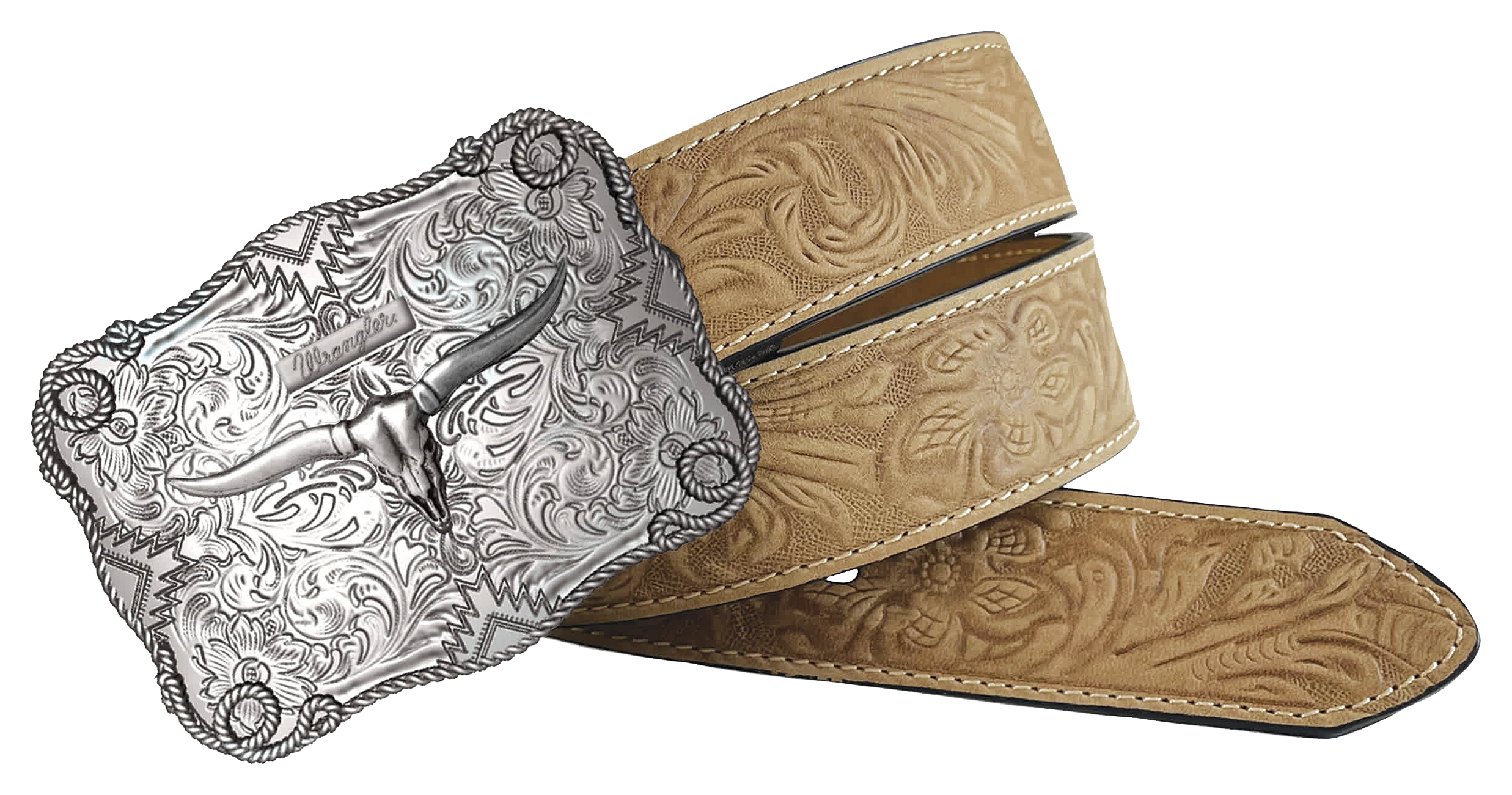 Image of Wrangler Crazy Horse Floral Embossed Leather Strap Western Belt