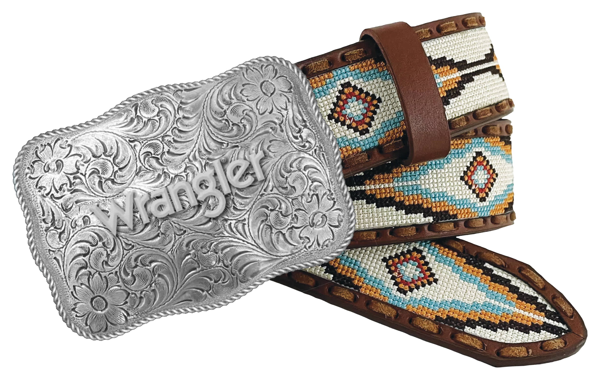 Wrangler Aztek Embroidered Inlay Leather Belt - Tan