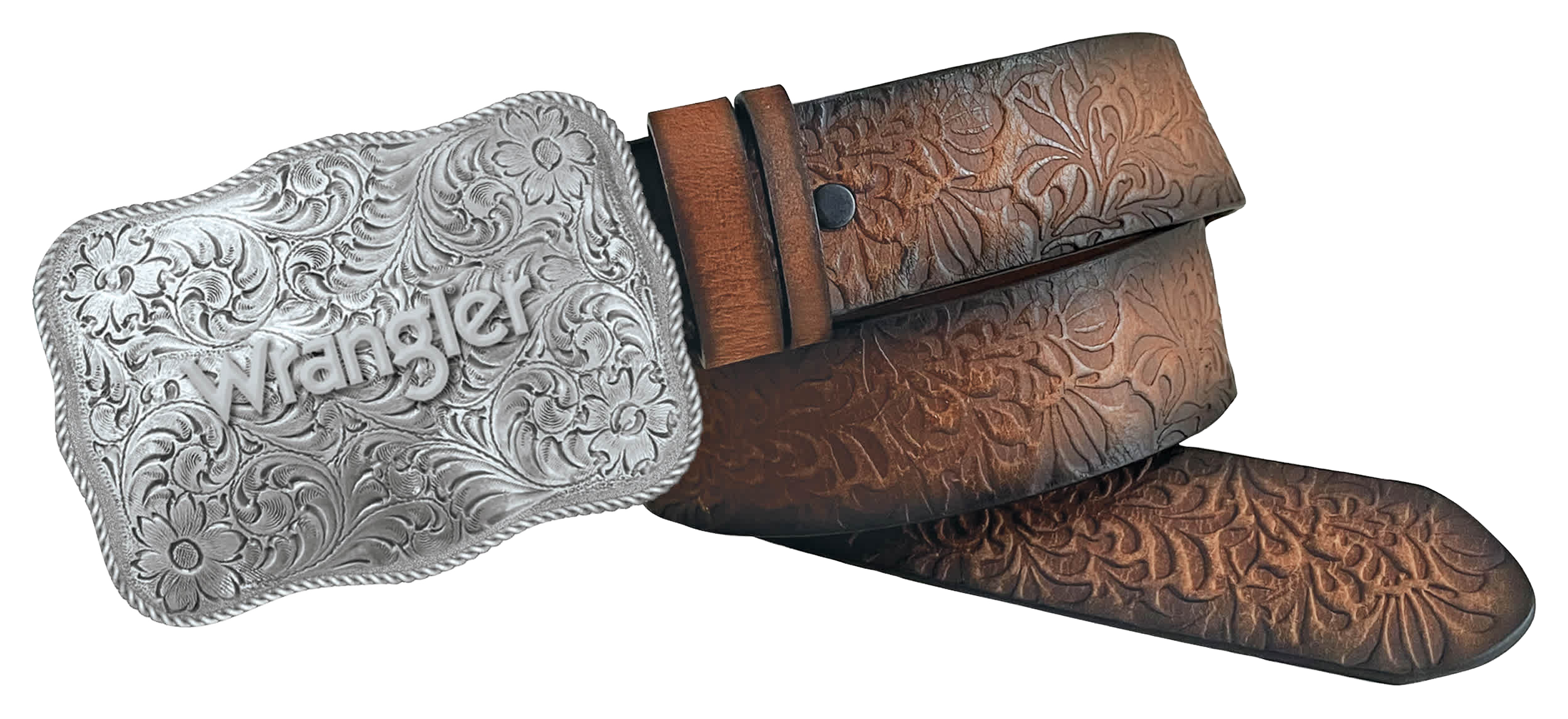 Image of Wrangler Burnished-Edge Floral Embossed Bridle Leather Belt - Brown