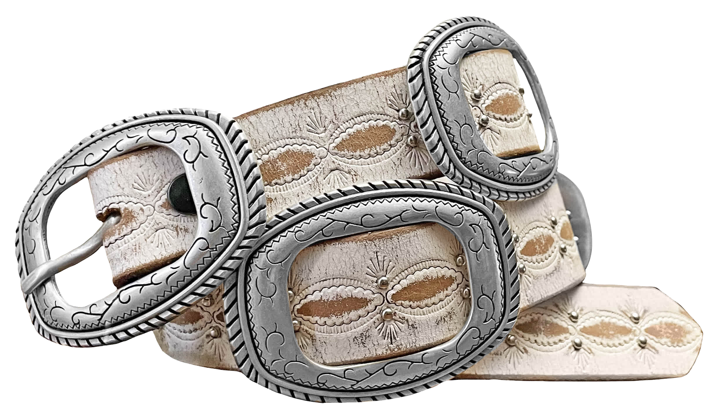 Image of Wrangler Embossed Distressed Leather with Silver Accents Western Belt - White