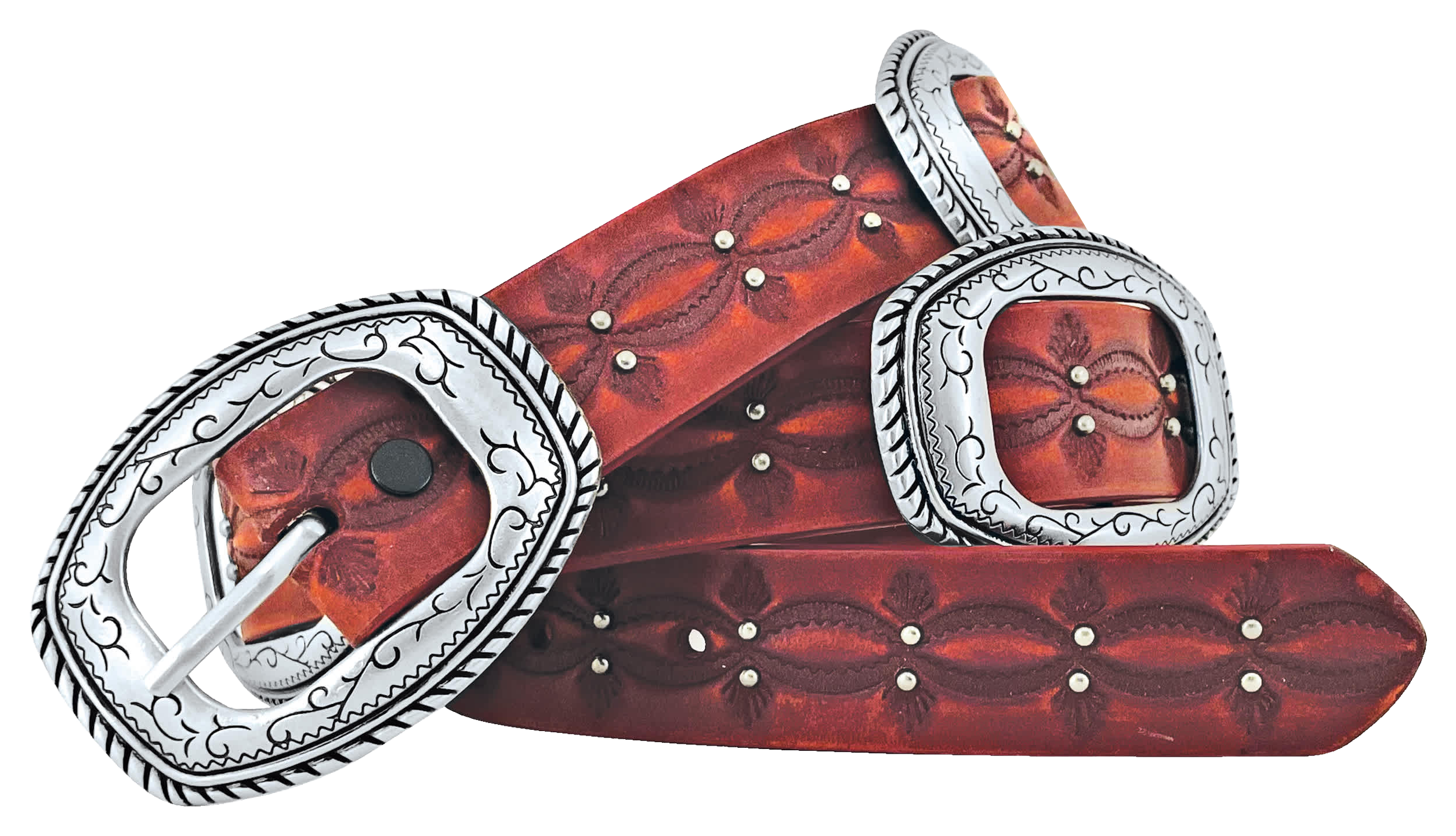 Image of Wrangler Embossed Distressed Leather with Silver Accents Western Belt - Red