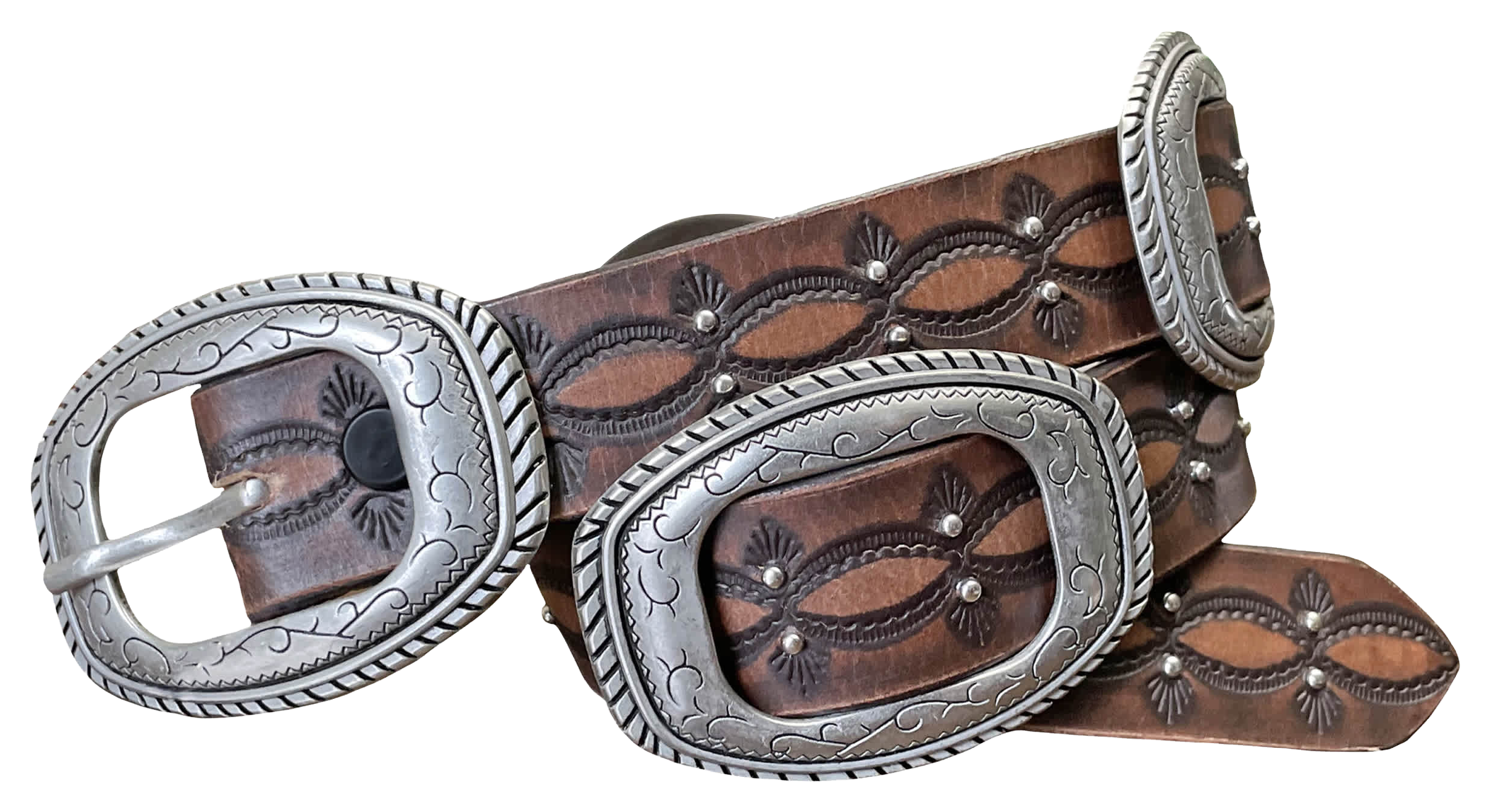 Image of Wrangler Embossed Distressed Leather with Silver Accents Western Belt - Brown