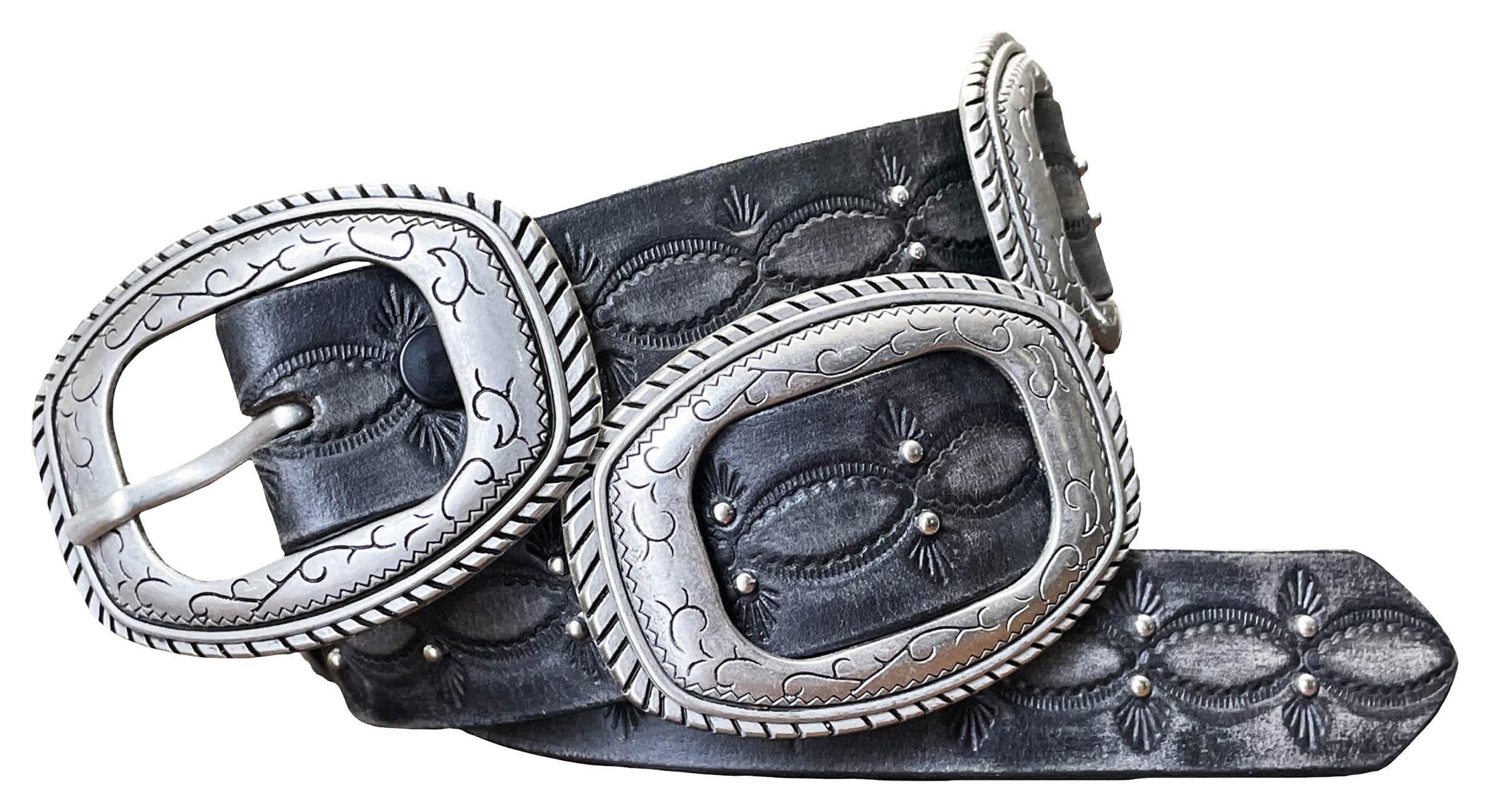 Image of Wrangler Embossed Distressed Leather with Silver Accents Western Belt - Black - XL