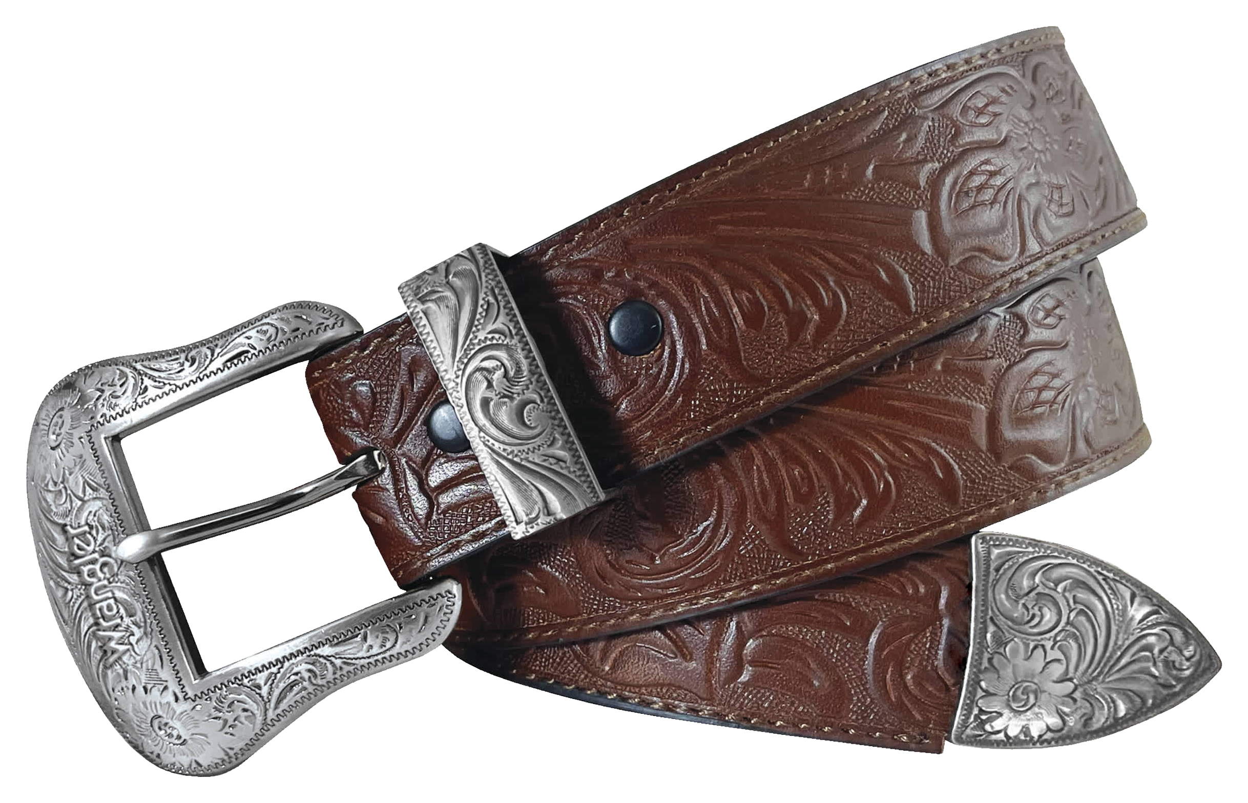 Image of Wrangler Floral Embossed Stitched Leather Western Belt - Mid Brown