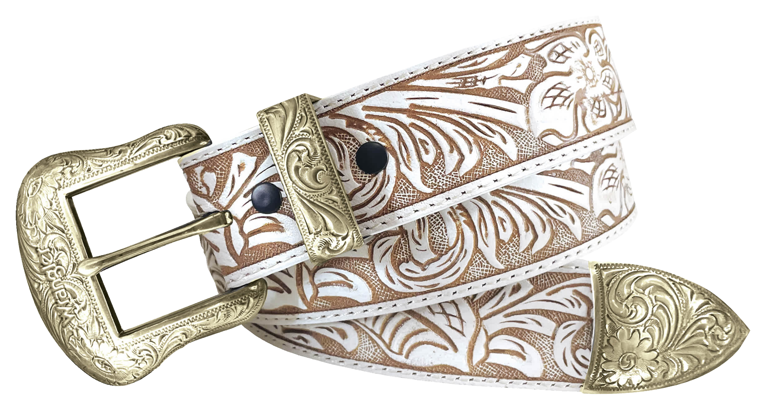 Image of Wrangler Foral Embossed Leather Belt with Brass-Finish Buckle Set
