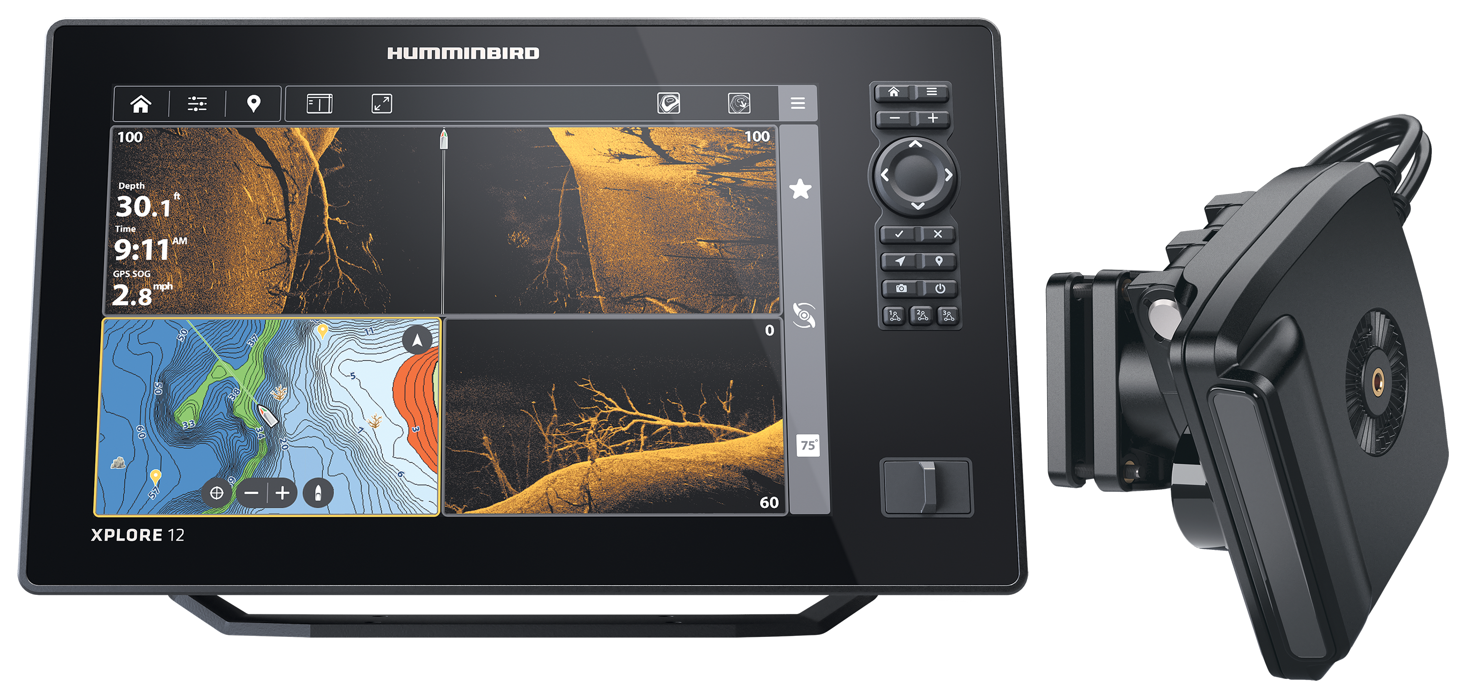 Image of Humminbird XPLORE 12 CHIRP MEGA SI Fish Finder/Chartplotter and MEGA Live 2 Imaging Transducer Bundle