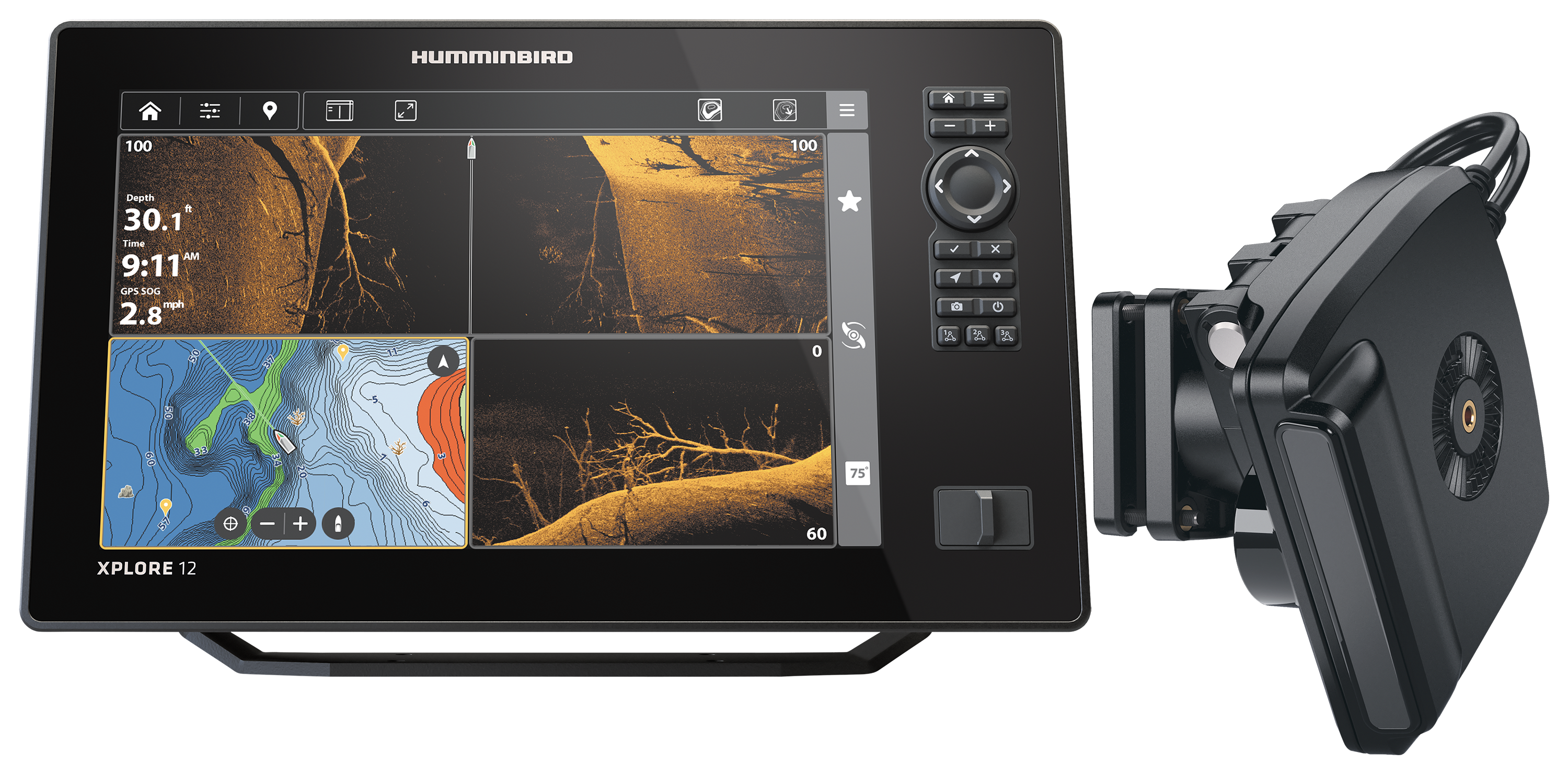 Image of Humminbird XPLORE 12 CMSI+ CHIRP MEGA SI Fish Finder/Chartplotter and MEGA Live 2 Imaging Transducer Bundle