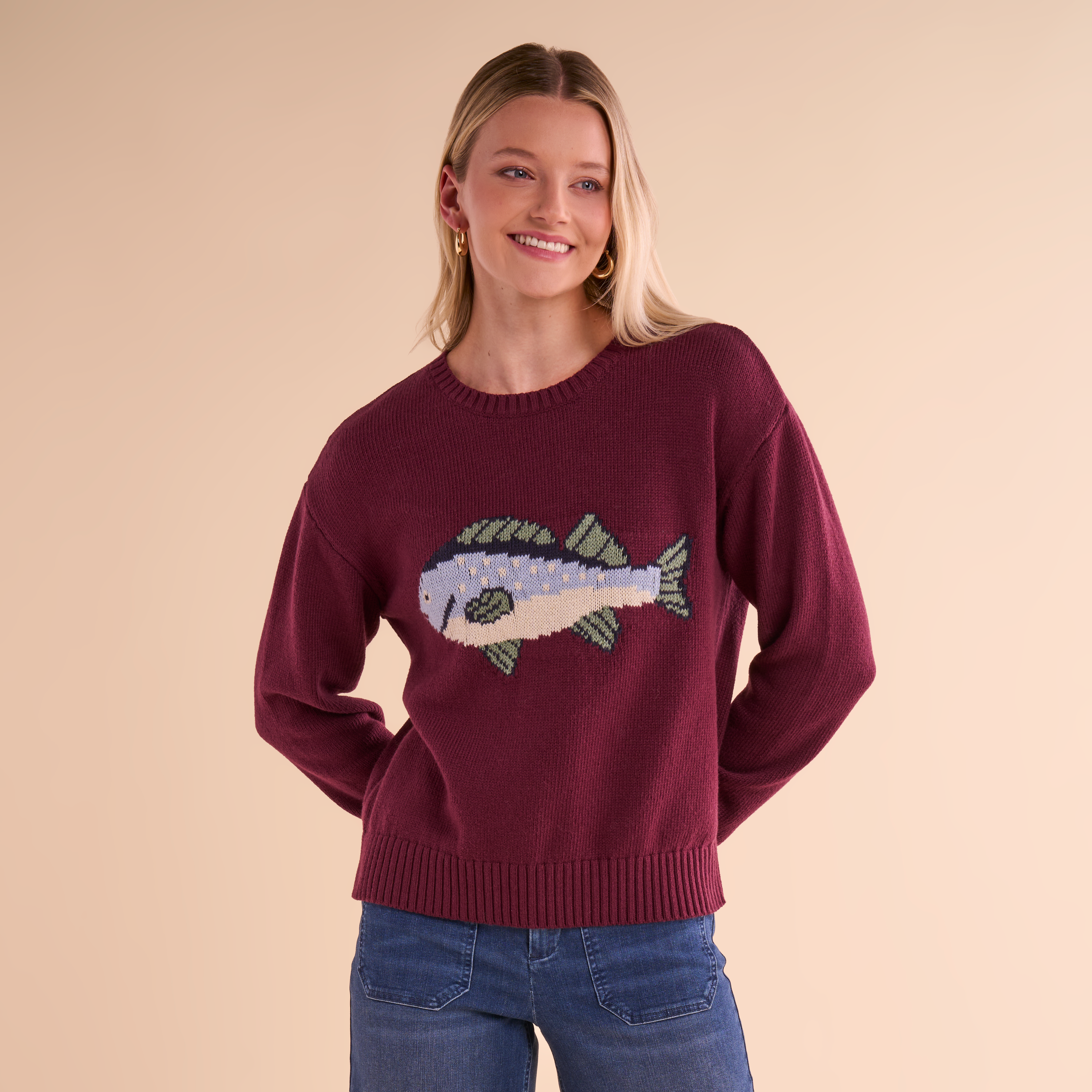 Image of Natural Reflections Finley Fish Crew-Neck Sweater - Wine