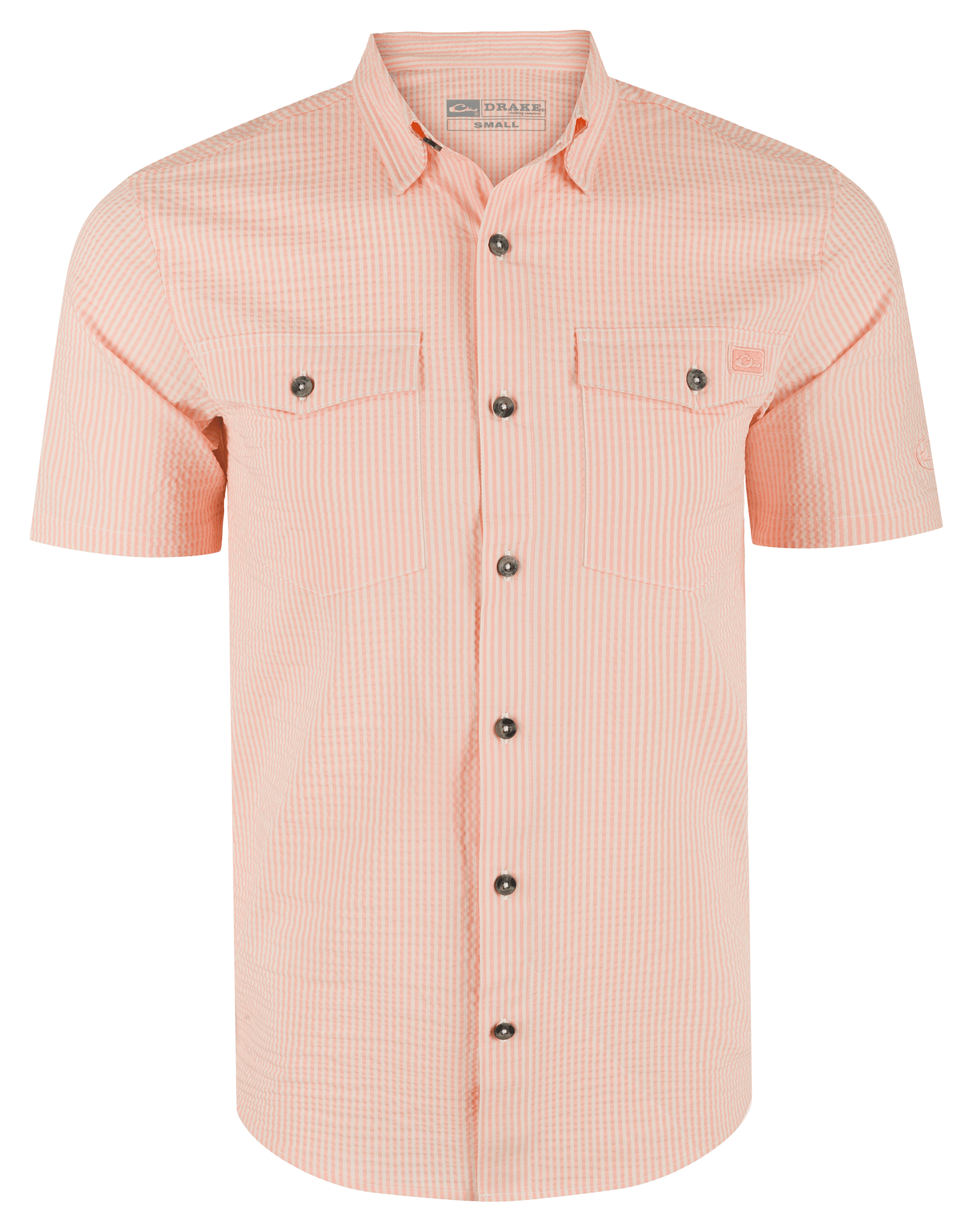 Image of Drake Waterfowl Frat Seersucker Striped Short-Sleeve Button-Down Shirt - Peach Pearl Tonal