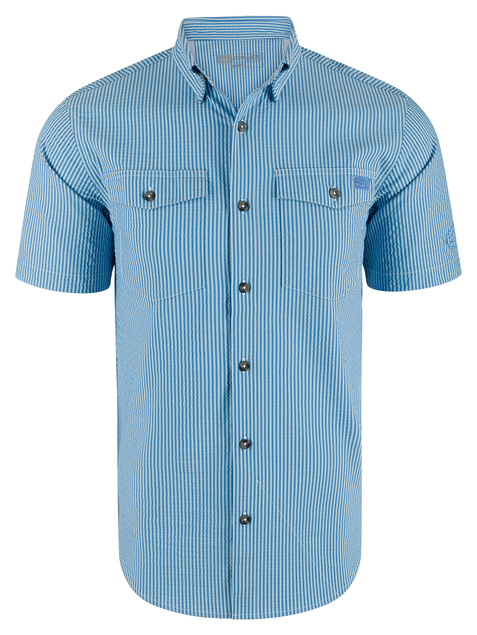 Image of Drake Waterfowl Frat Seersucker Striped Short-Sleeve Button-Down Shirt - Marina Blue Tonal