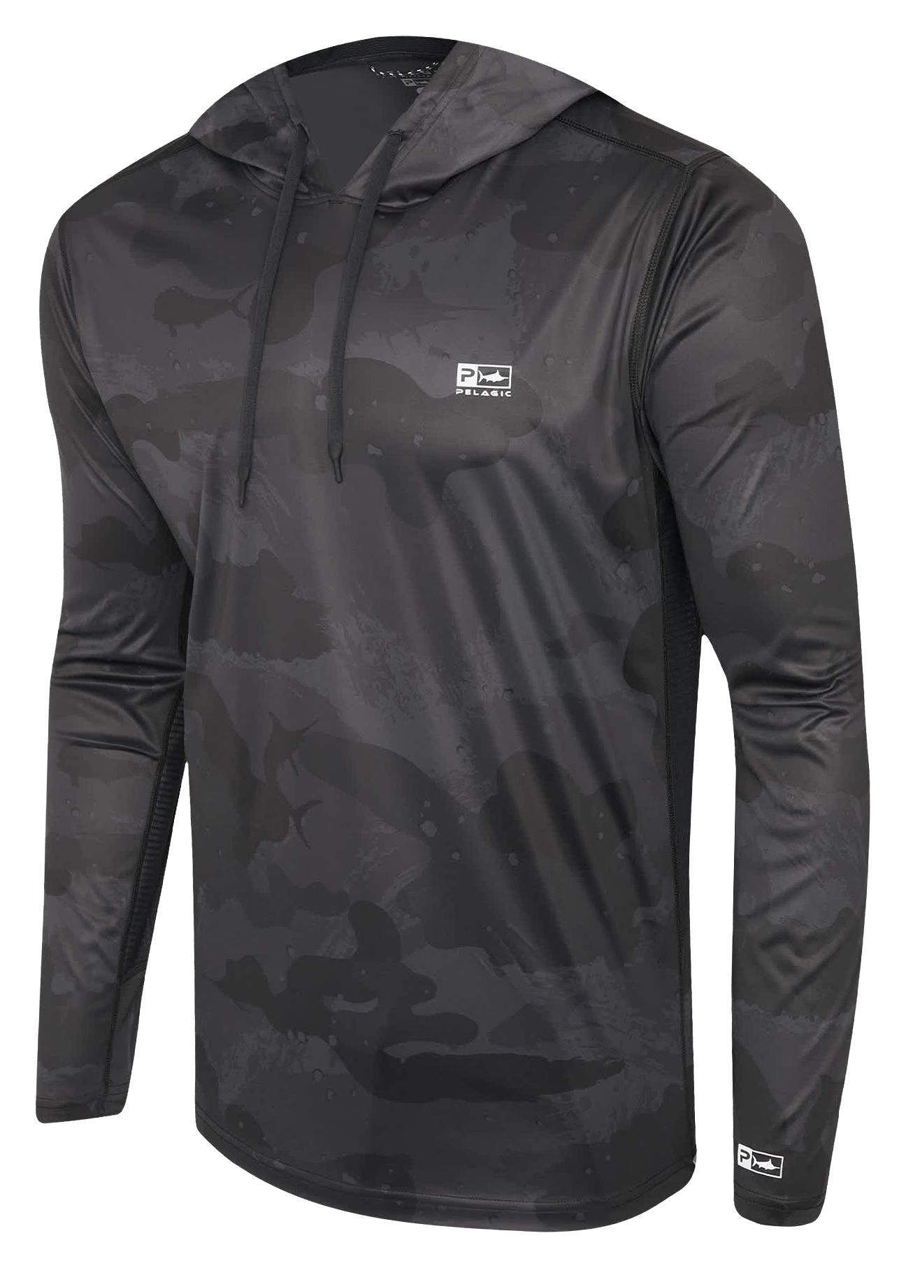 Image of Pelagic Vaportek Brush Camo Hooded Long-Sleeve Fishing Shirt - Black