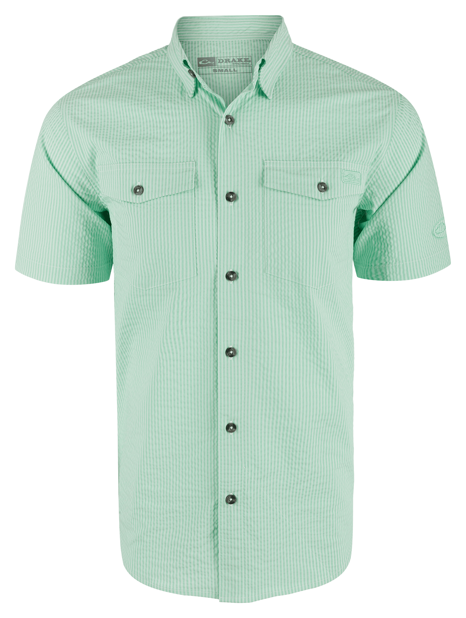 Image of Drake Waterfowl Frat Seersucker Striped Short-Sleeve Button-Down Shirt - Beach Glass Tonal