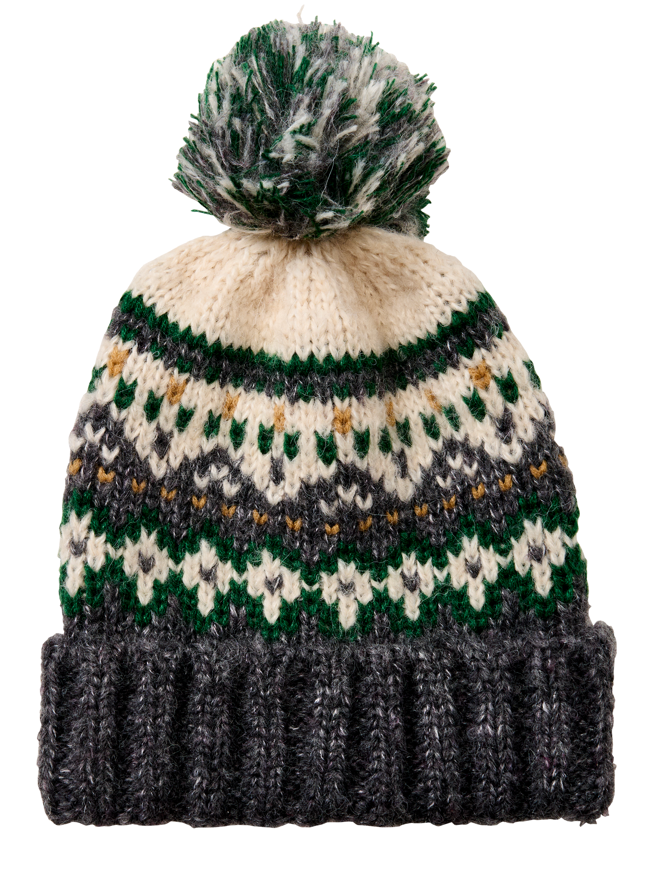 Natural Reflections Fair Isle Pom-Top Cuffed Beanie - Green