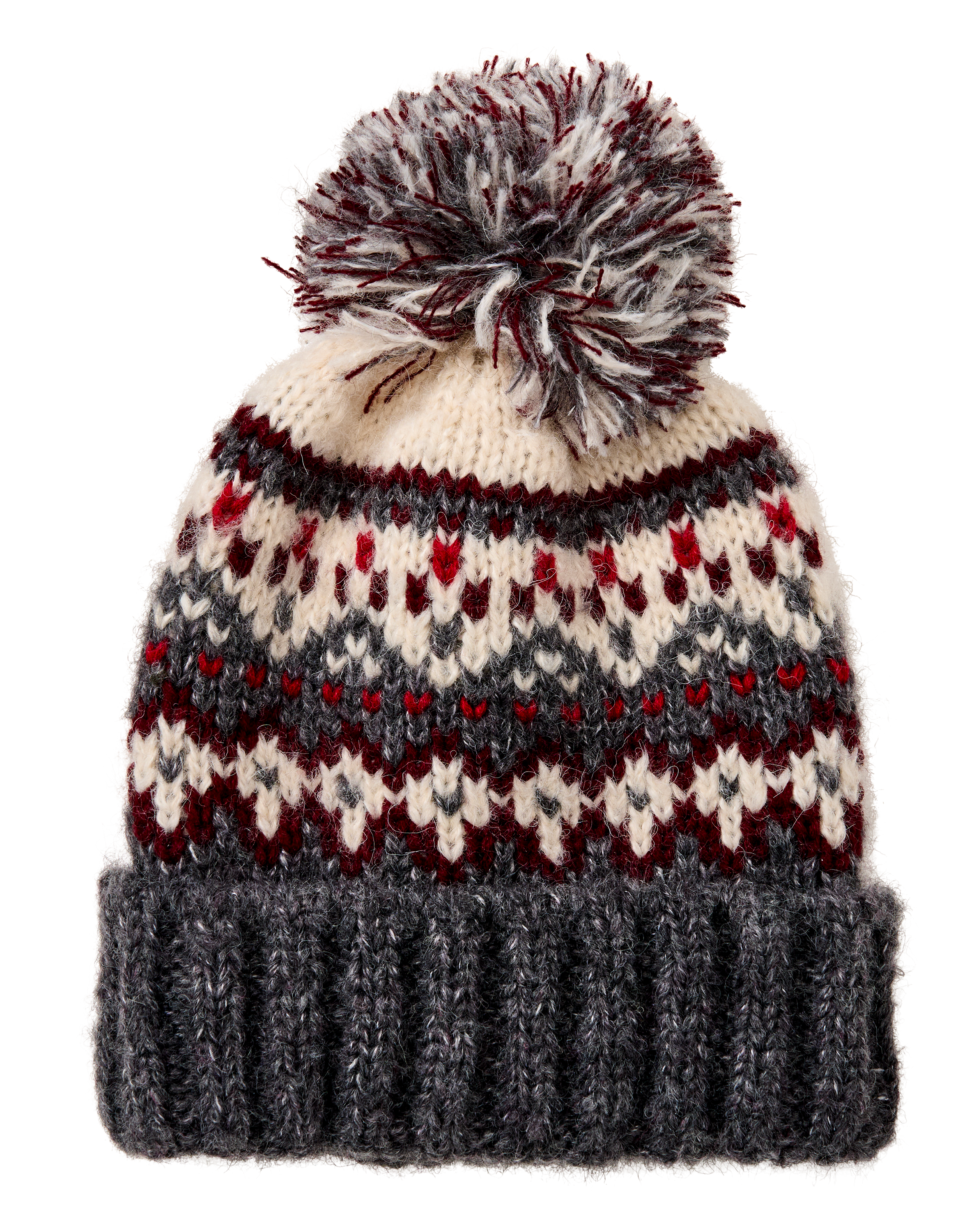 Natural Reflections Fair Isle Pom-Top Cuffed Beanie - Burgundy - Natural Reflections