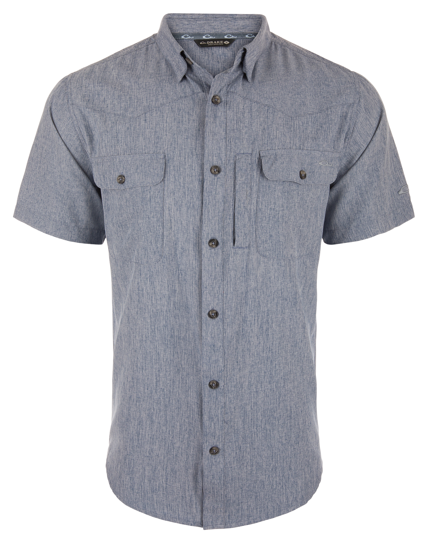 Image of Drake Waterfowl Cinco Ranch Chambray Performance Short-Sleeve Shirt - Dark Blue