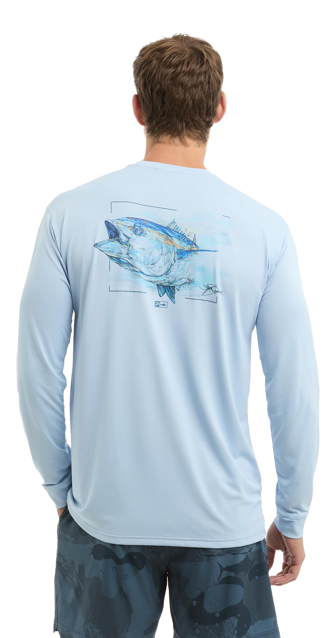 Image of Pelagic Vaportek Goione Tuna Long-Sleeve Fishing Shirt - Light Blue