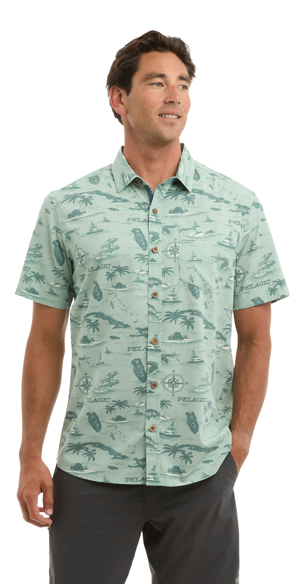 Image of Pelagic Knockdown Woven Button-Up Short-Sleeve Shirt - Sage