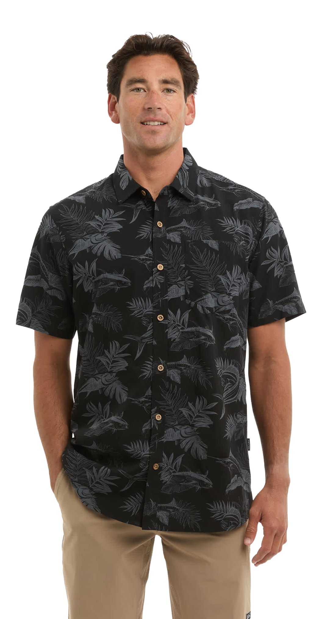 Image of Pelagic Knockdown Woven Button-Up Short-Sleeve Shirt - Black