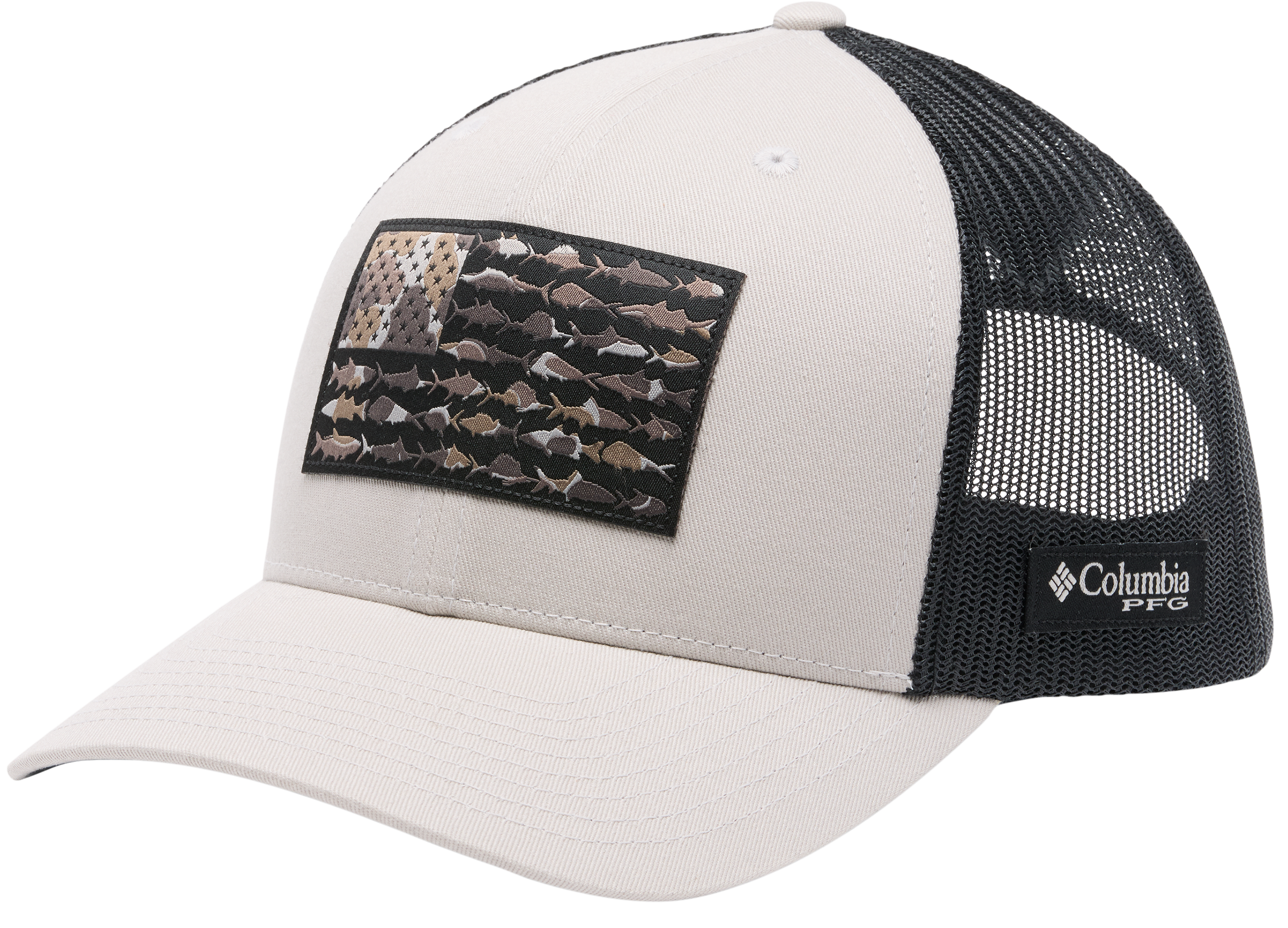 Image of Columbia PFG Mesh Snapback Fish Flag Ball Cap - Light Cloud/Black/Camo