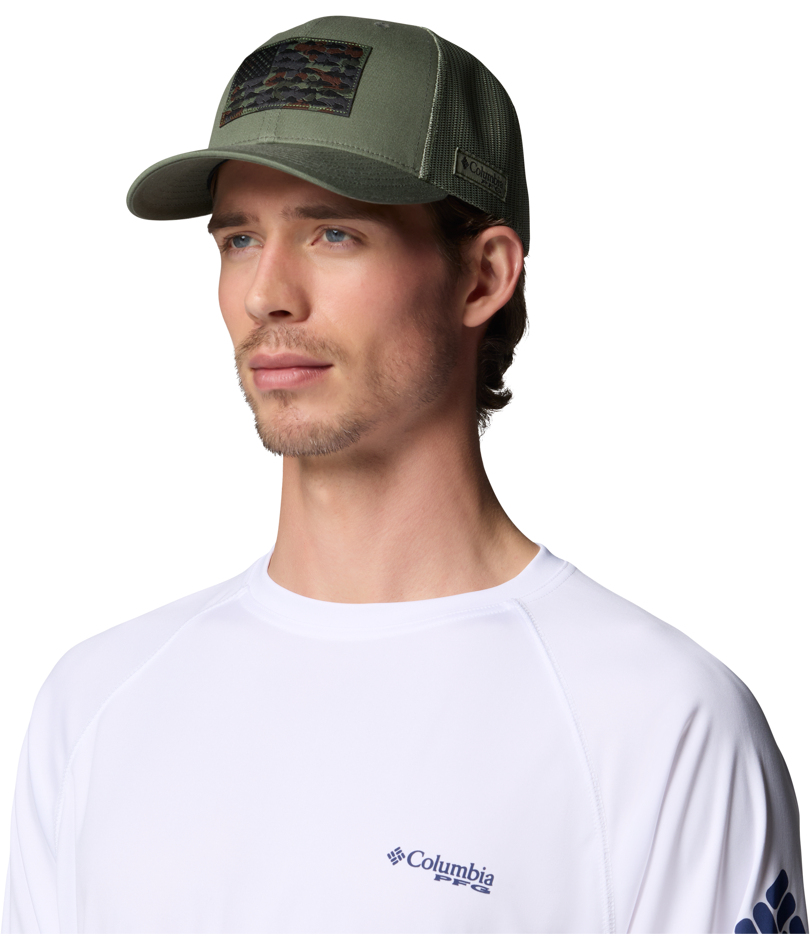 Image of Columbia PFG Mesh Snapback Fish Flag Ball Cap - Cypress/Tobacco Deltahunter