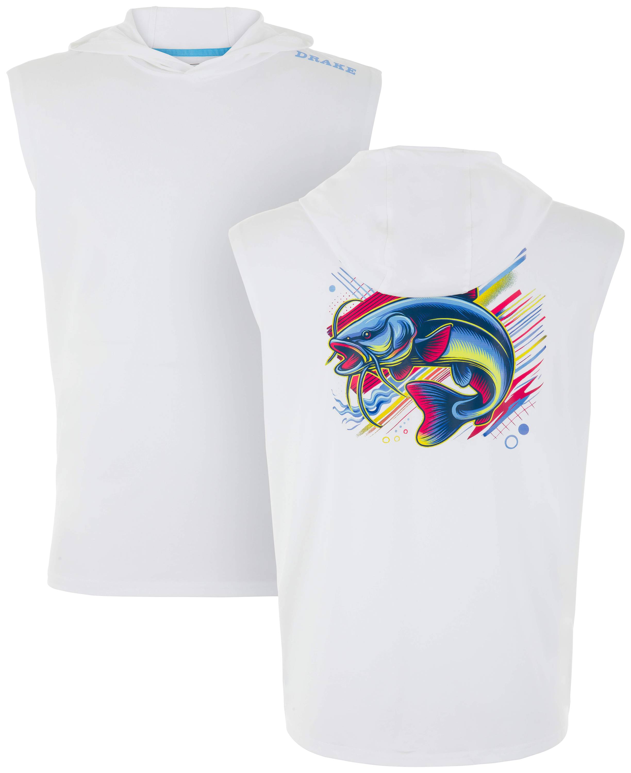 Image of Drake Waterfowl Lake Shore Performance Catfish Graphic Hooded Sleeveless T-Shirt - White Catfish