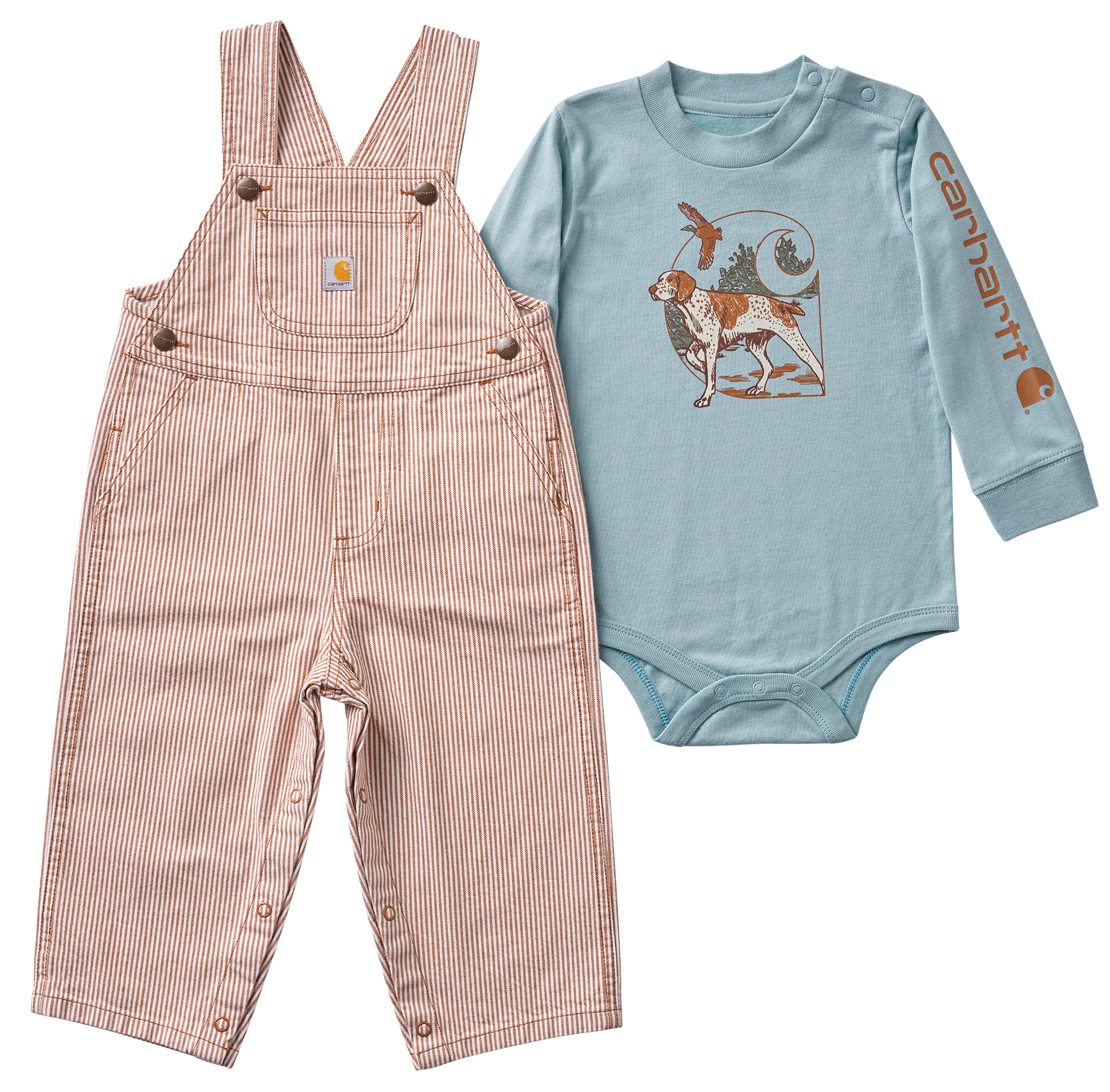 Carhartt Stripe Overalls and Dog Logo Long-Sleeve Bodysuit Set for Babies - Carhartt Brown