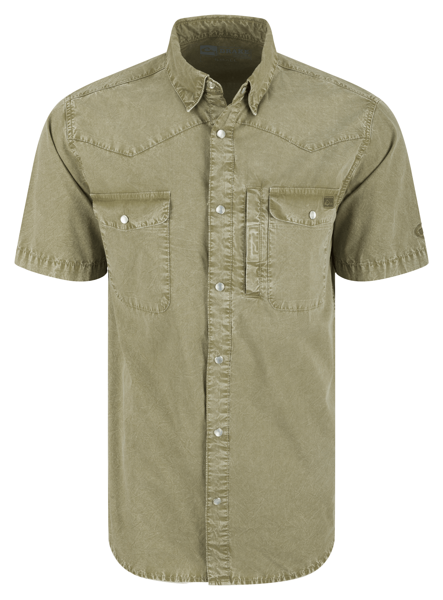Image of Drake Waterfowl Cinco Ranch Western Acid-Wash Short-Sleeve Button-Down Shirt - Oil Green